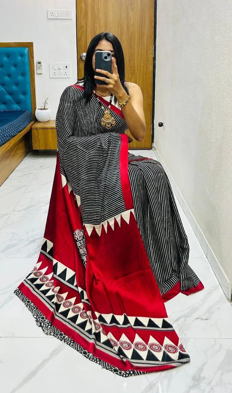 Semi Gajji Silk Saree with Ajrakh Bandhej Print Work - Image 57 in Surat