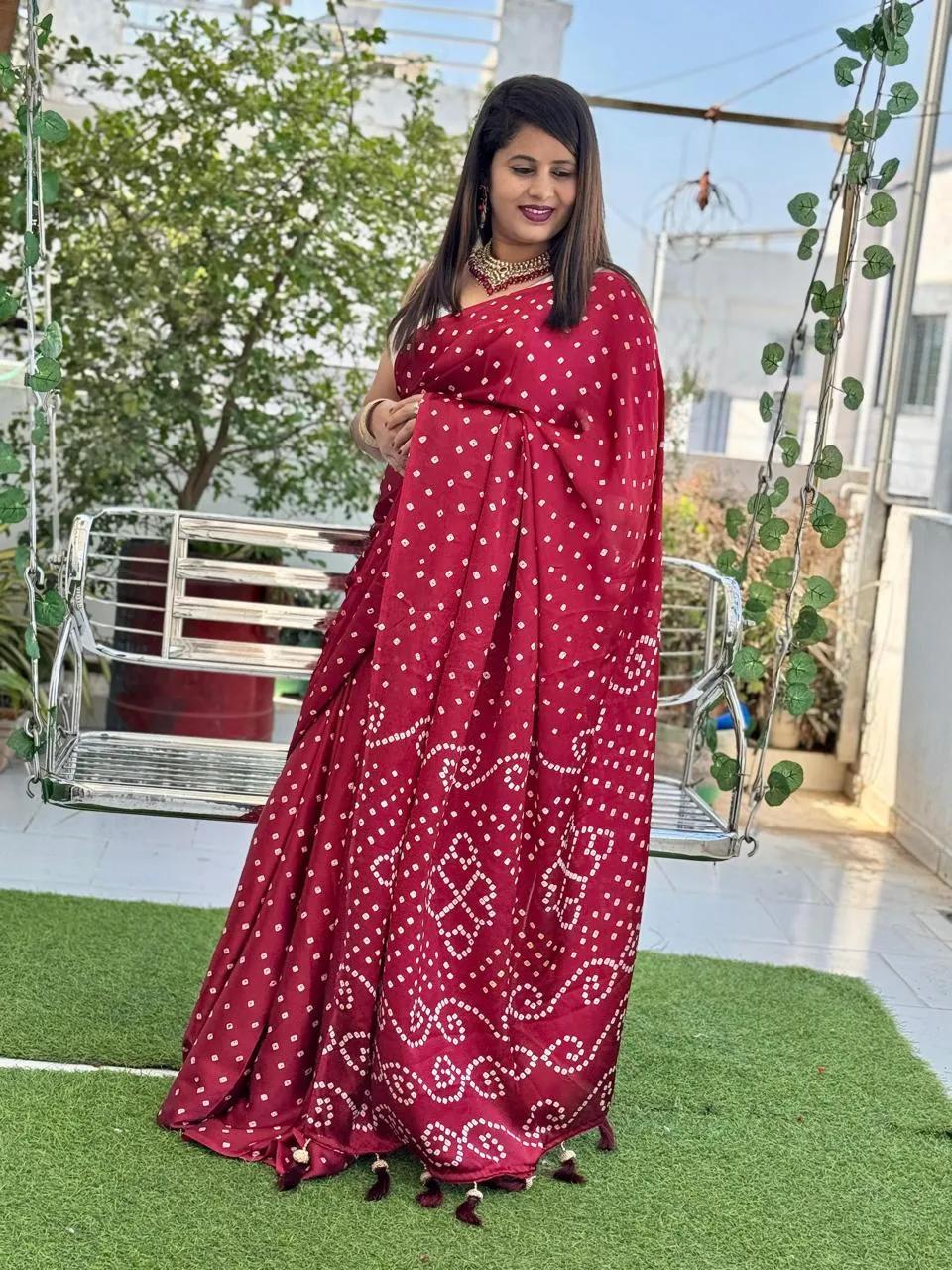 Semi Gajji Silk Saree with Ajrakh Bandhej Print Work - Image 13 in Surat