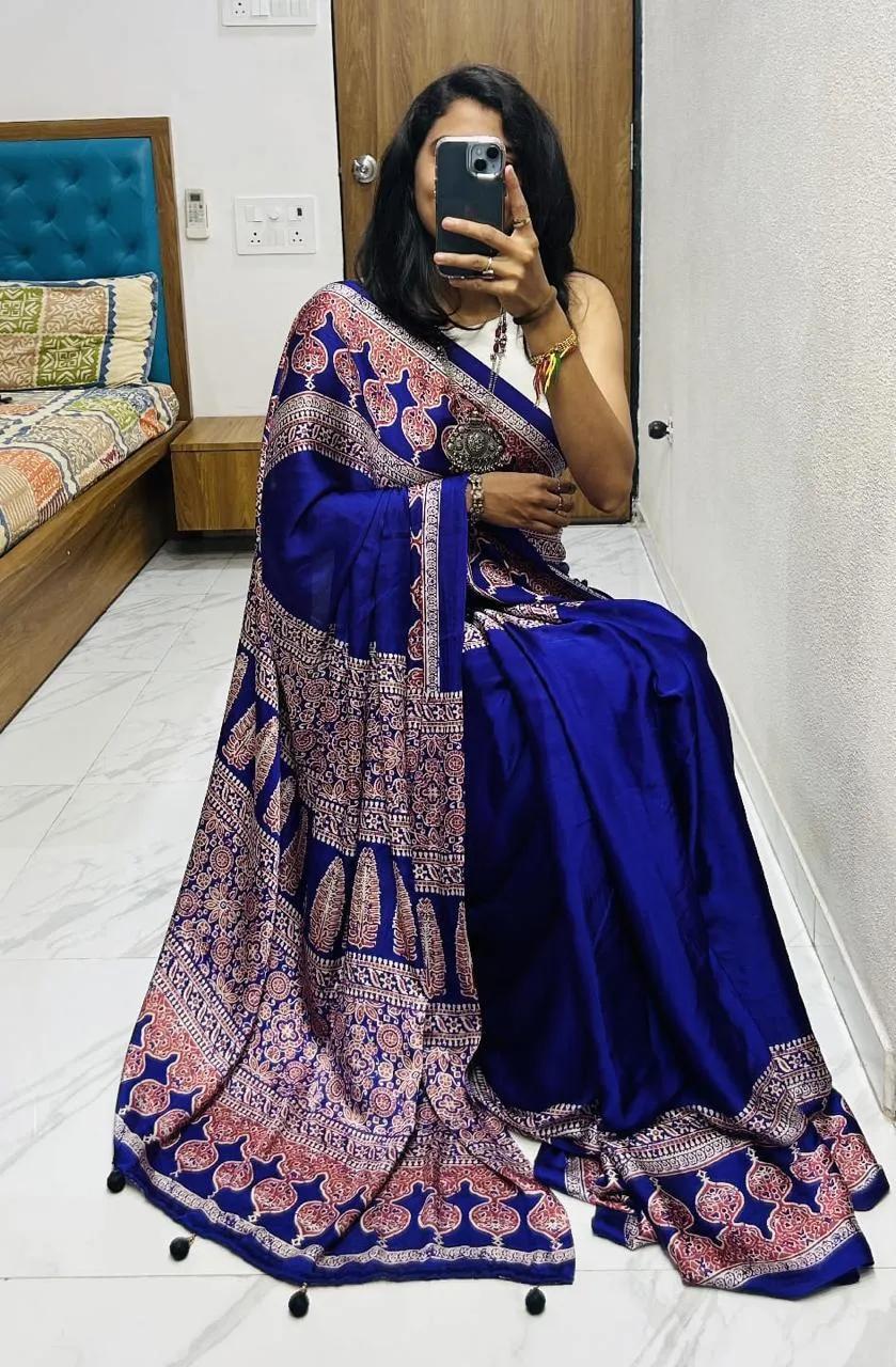 Semi Gajji Silk Saree with Ajrakh Bandhej Print Work - Image 41 in Surat