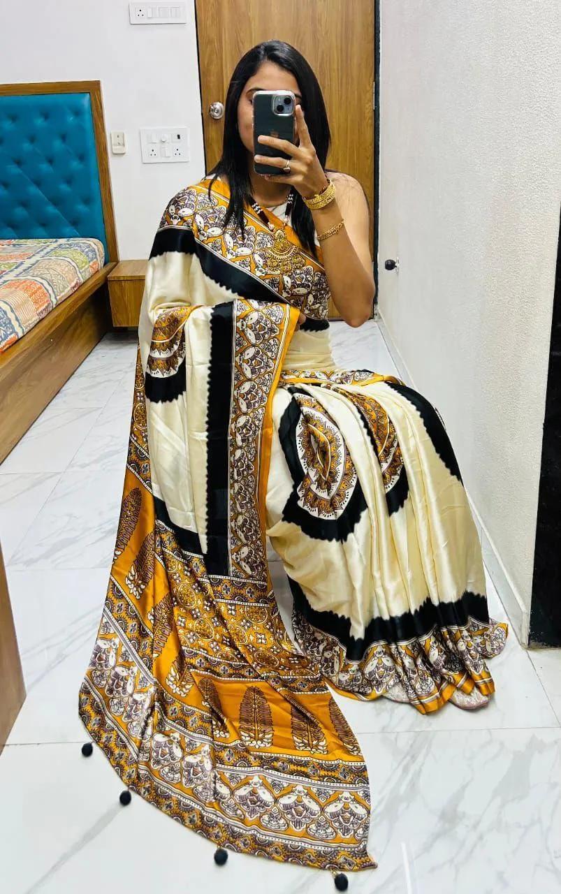 Buy Semi Gajji Silk Saree with Ajrakh Bandhej Print Work in Surat for 899 - See photos and details