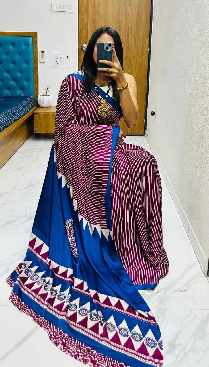 Semi Gajji Silk Saree with Ajrakh Bandhej Print Work - Image 15 in Surat