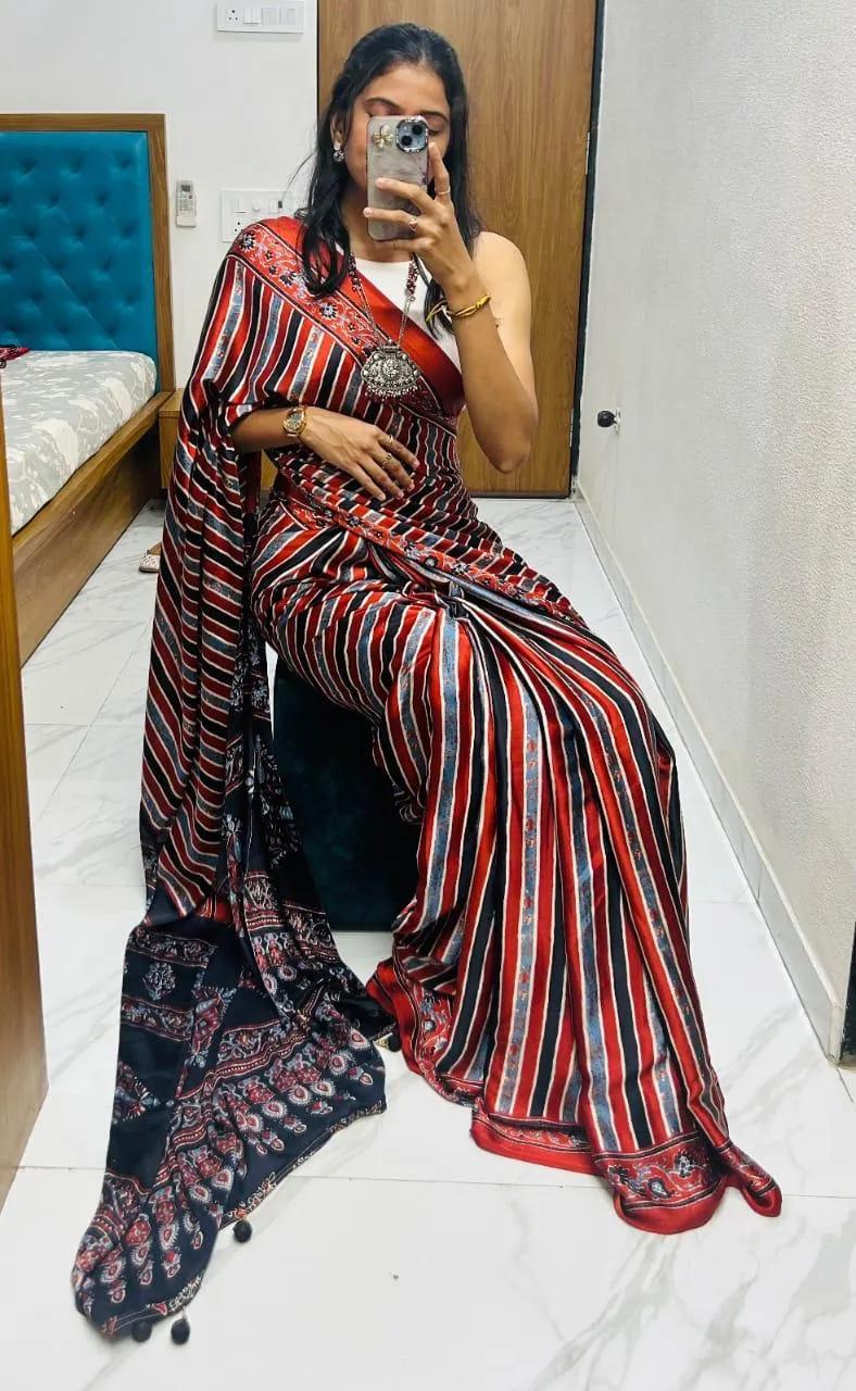 Semi Gajji Silk Saree with Ajrakh Bandhej Print Work - Image 16 in Surat