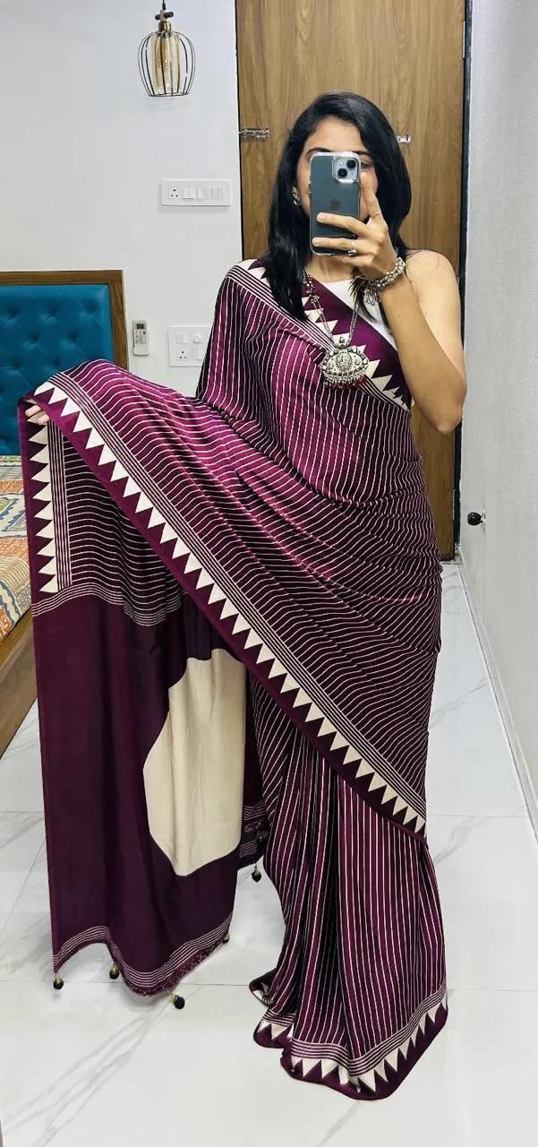 Semi Gajji Silk Saree with Ajrakh Bandhej Print Work - Image 45 in Surat