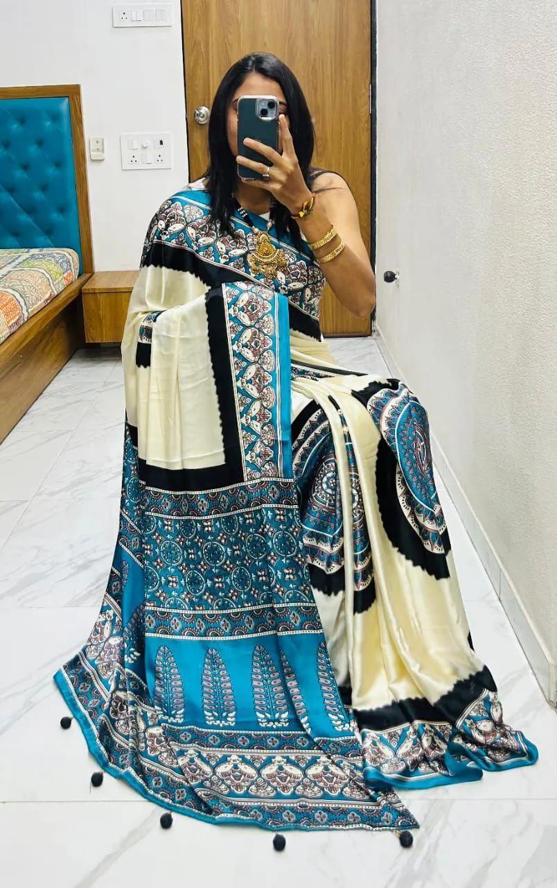 Semi Gajji Silk Saree with Ajrakh Bandhej Print Work - Image 2 in Surat