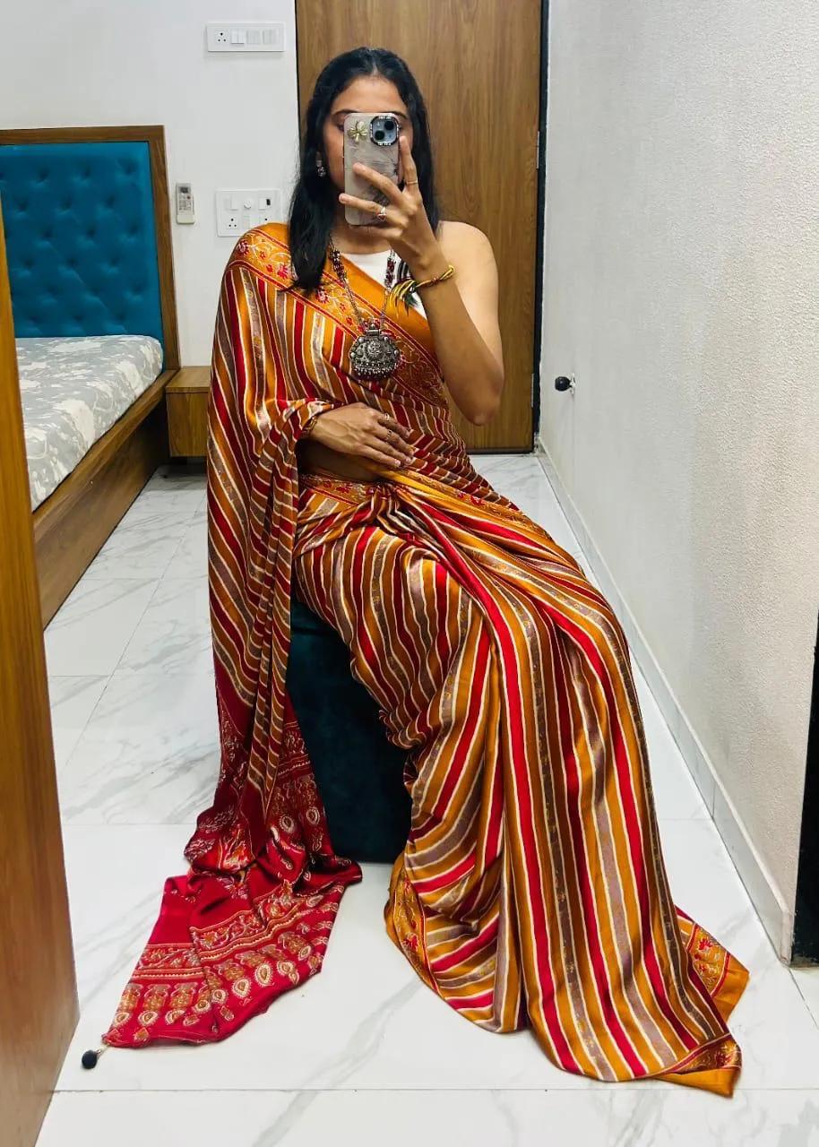 Semi Gajji Silk Saree with Ajrakh Bandhej Print Work - Image 4 in Surat