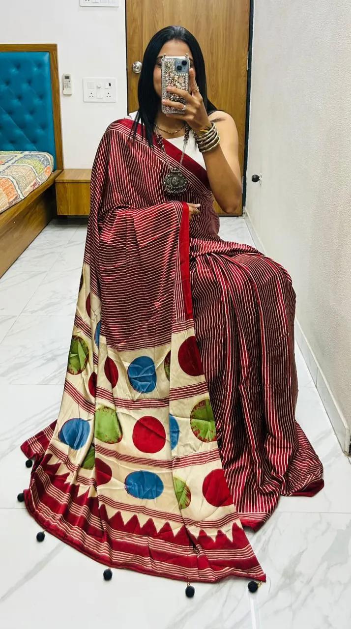 Semi Gajji Silk Saree with Ajrakh Bandhej Print Work - Image 5 in Surat