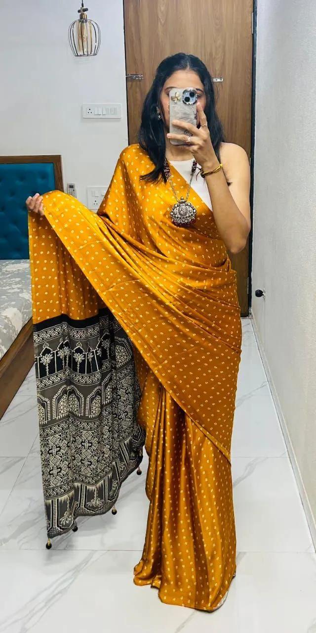 Semi Gajji Silk Saree with Ajrakh Bandhej Print Work - Image 8 in Surat