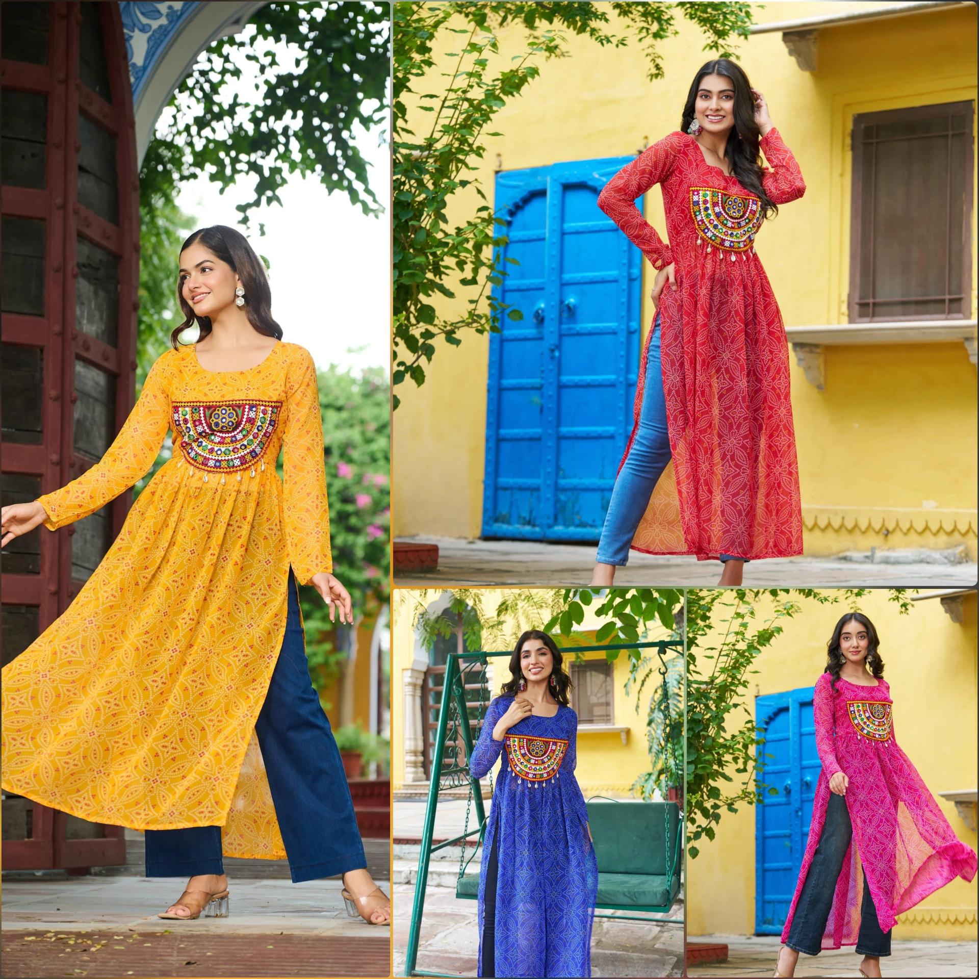 Bandhej Print Kurti with Kutchi Patchwork Navratri Wear - Image 34 in Surat