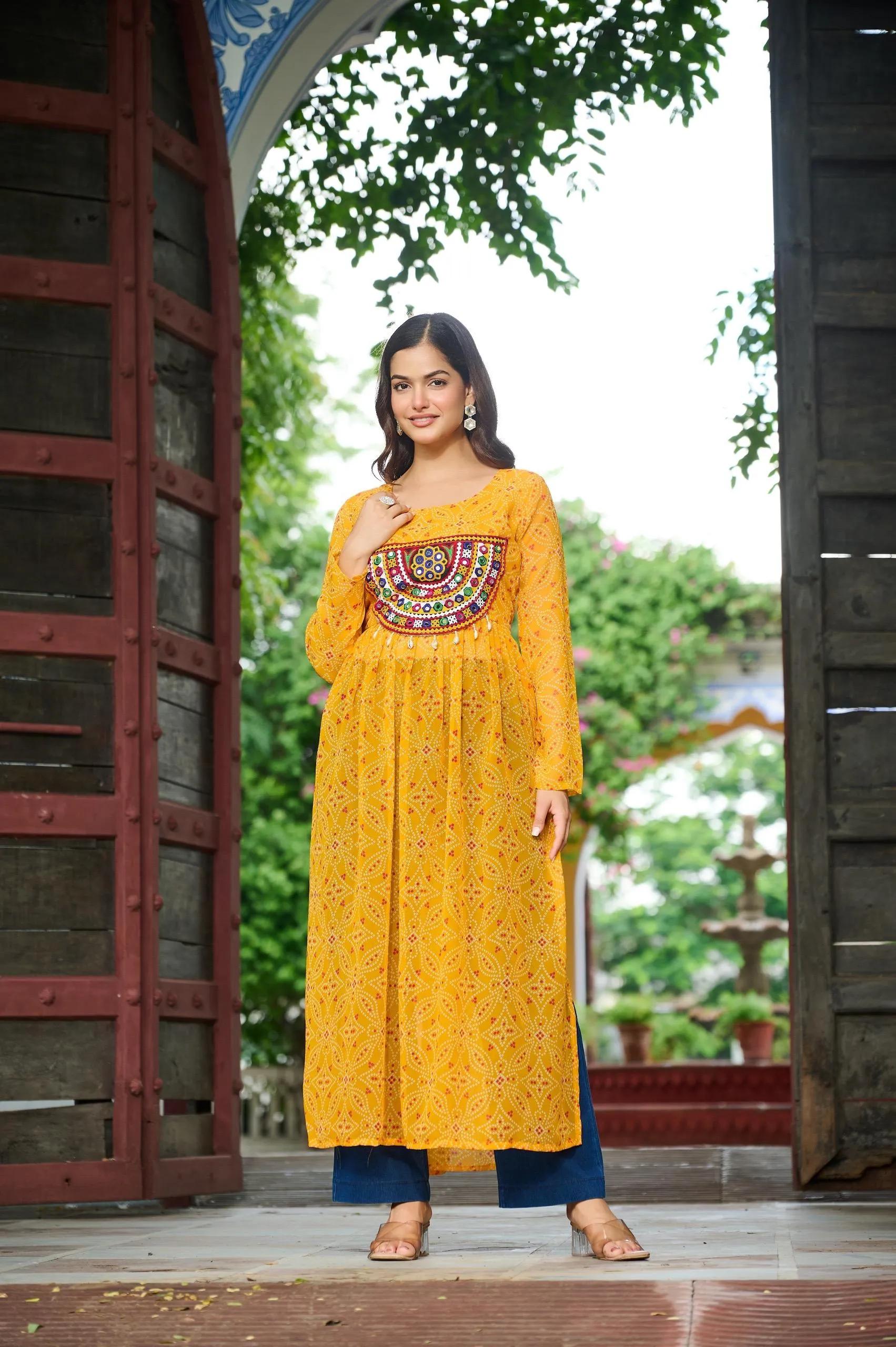 Bandhej Print Kurti with Kutchi Patchwork Navratri Wear - Image 31 in Surat