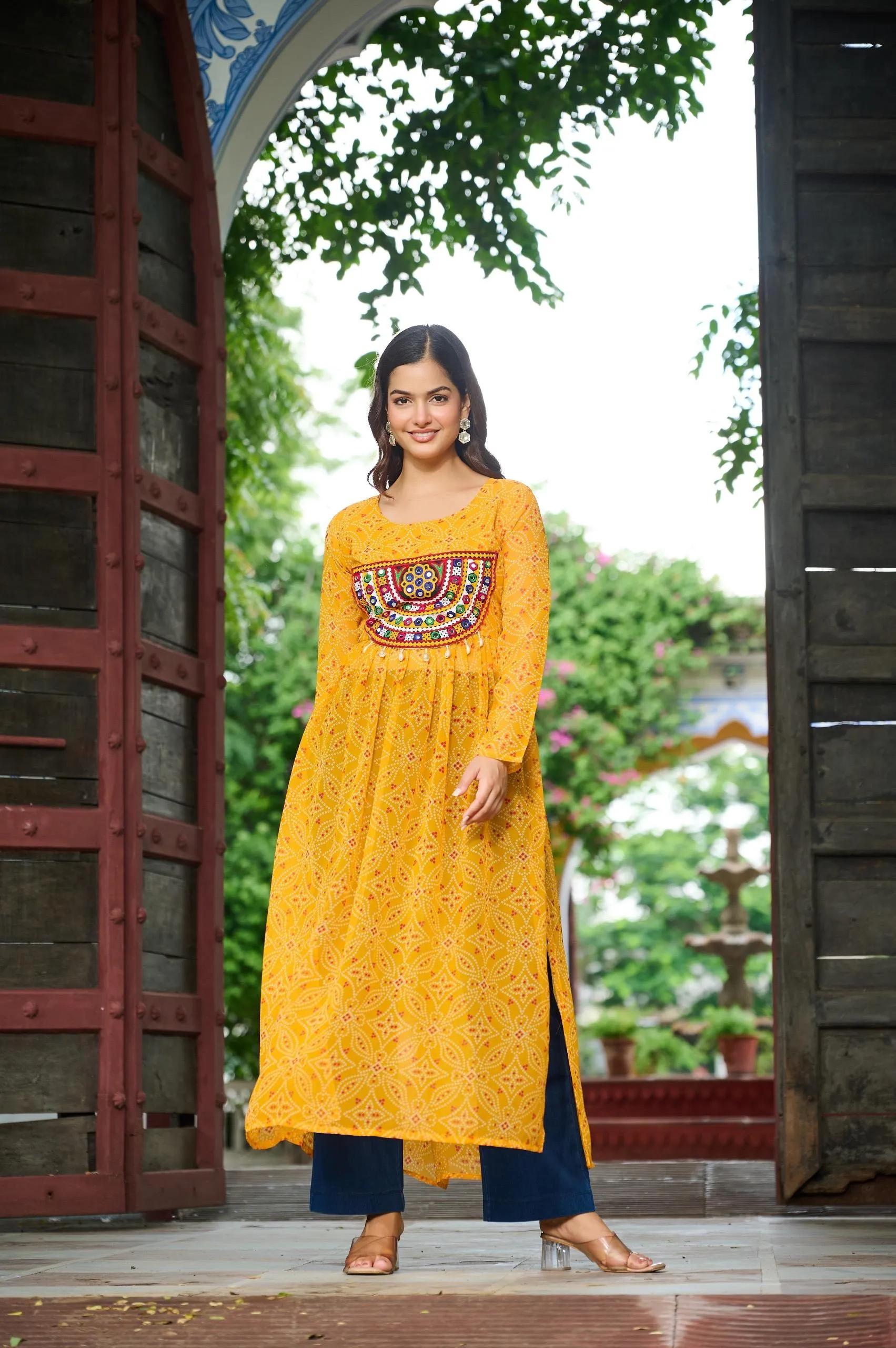 Bandhej Print Kurti with Kutchi Patchwork Navratri Wear - Image 30 in Surat