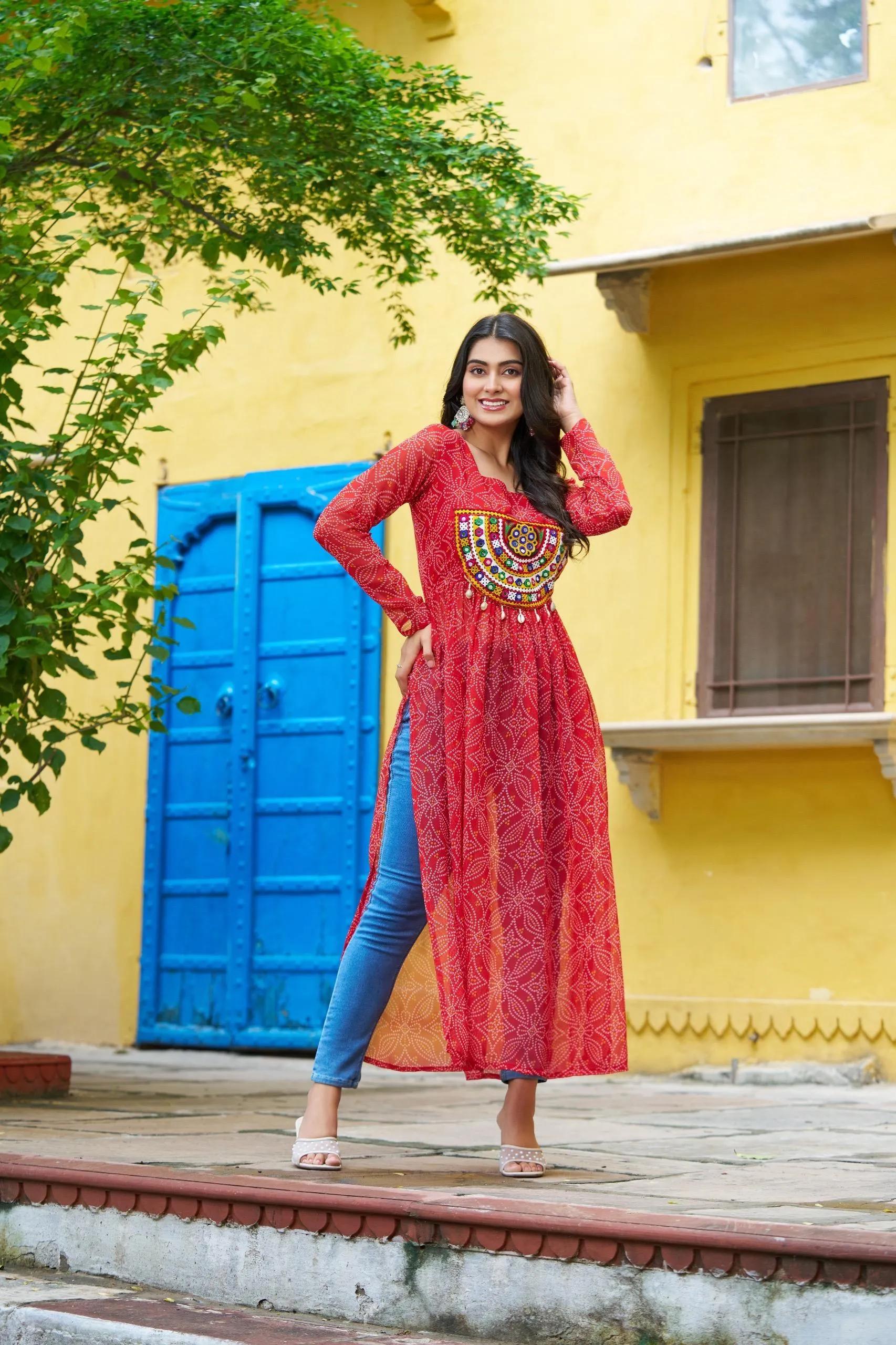 Bandhej Print Kurti with Kutchi Patchwork Navratri Wear - Image 14 in Surat