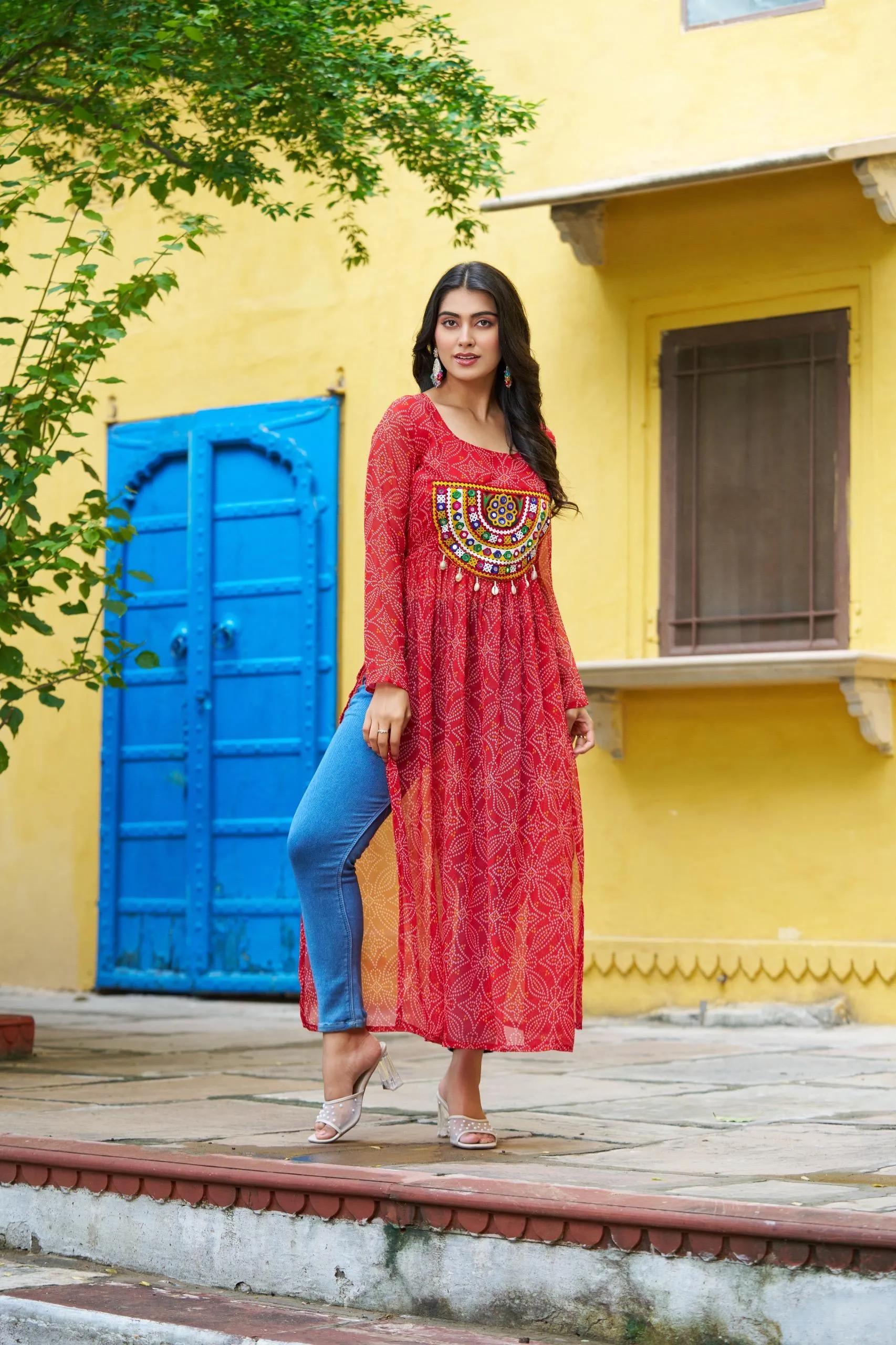 Bandhej Print Kurti with Kutchi Patchwork Navratri Wear - Image 5 in Surat