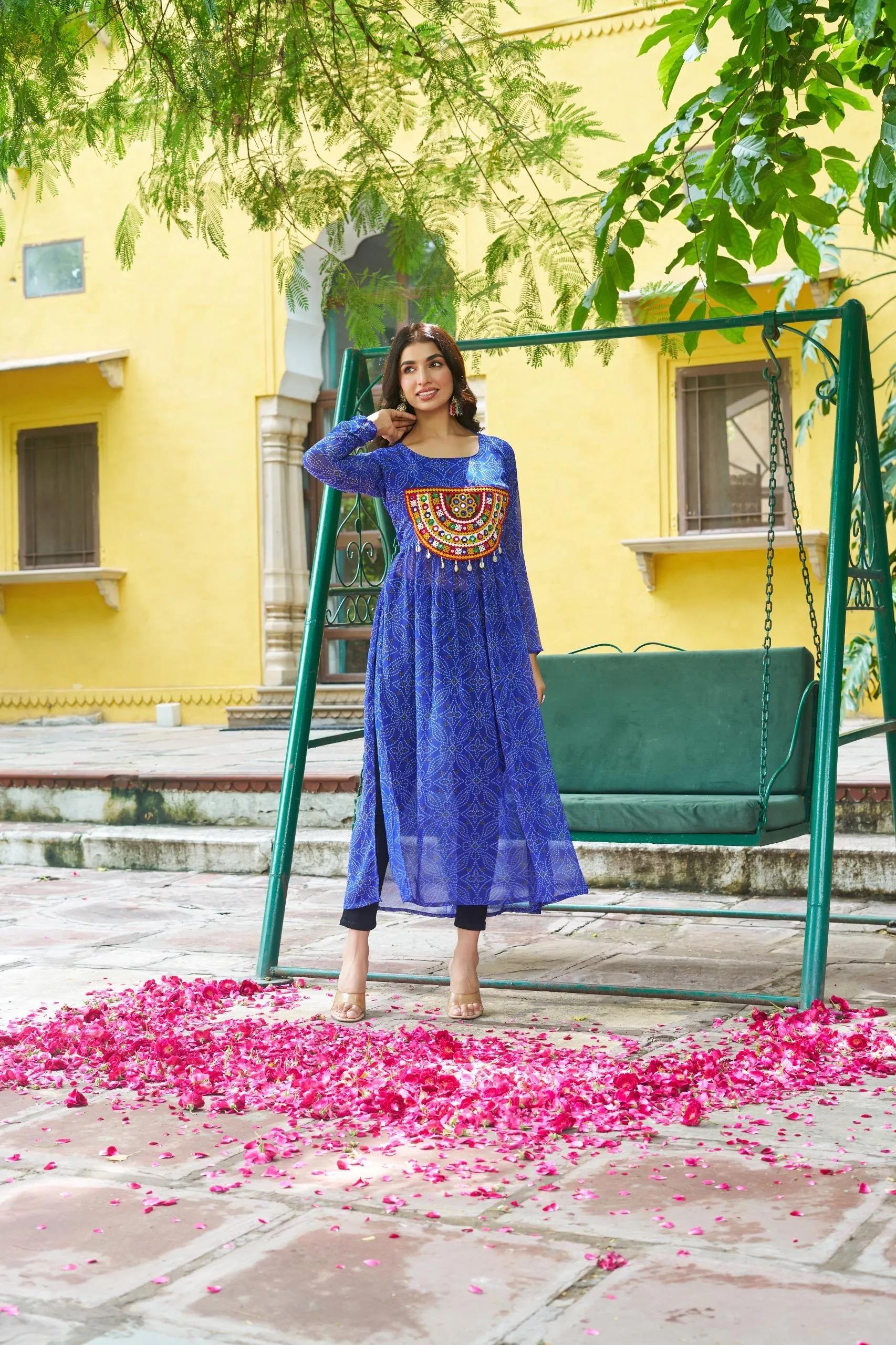 Bandhej Print Kurti with Kutchi Patchwork Navratri Wear - Image 8 in Surat