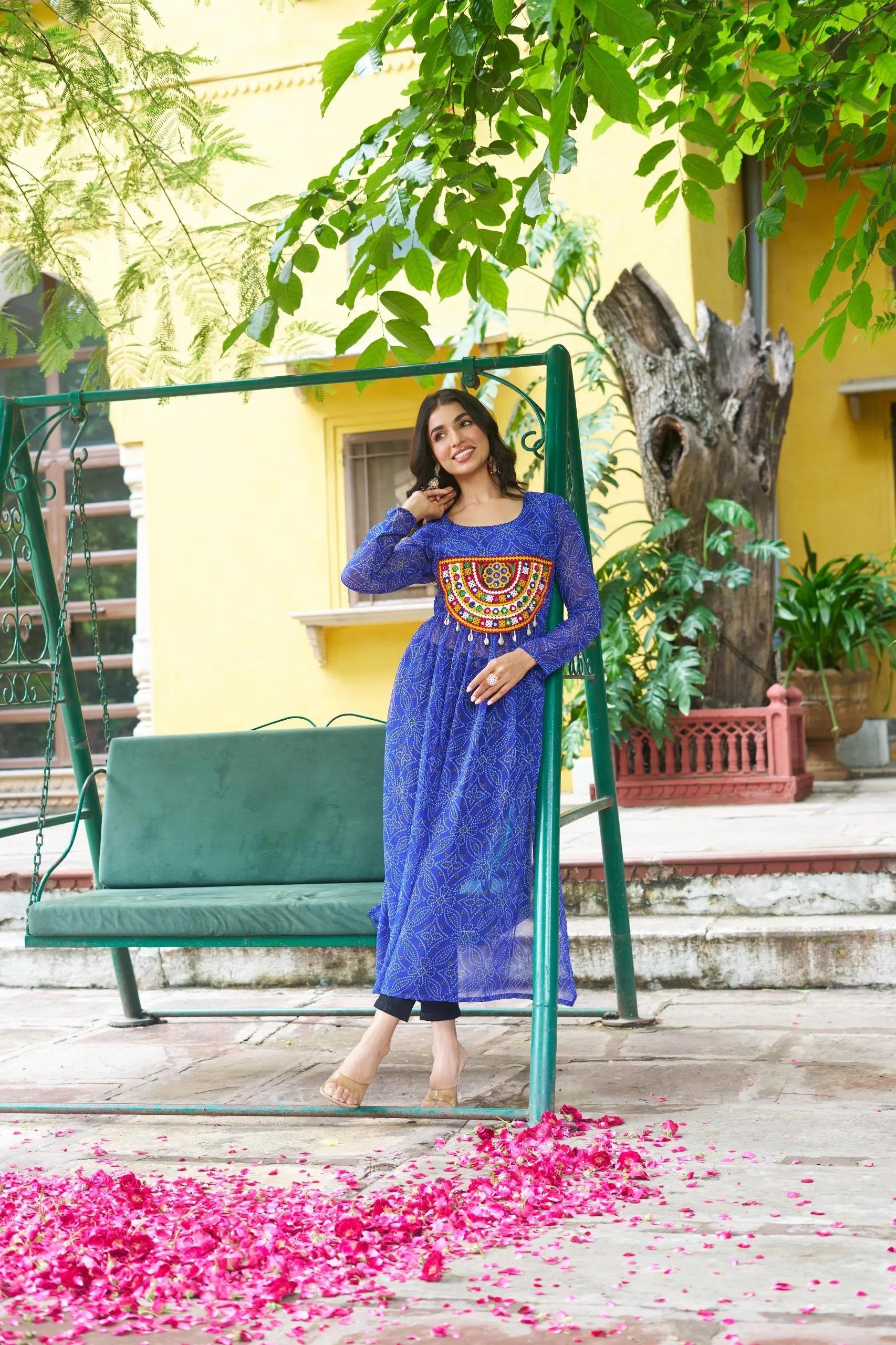Bandhej Print Kurti with Kutchi Patchwork Navratri Wear - Image 10 in Surat