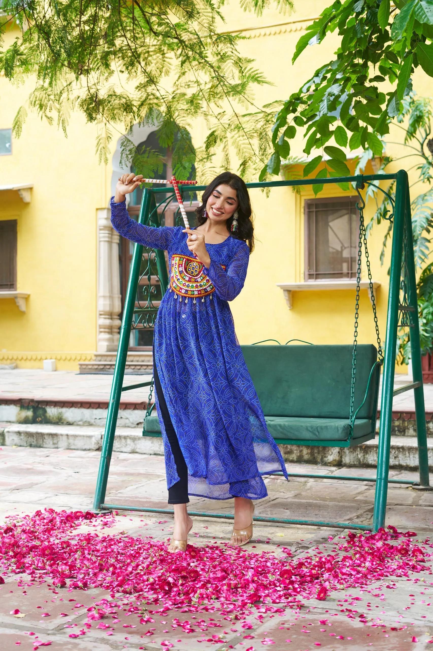 Bandhej Print Kurti with Kutchi Patchwork Navratri Wear - Image 2 in Surat