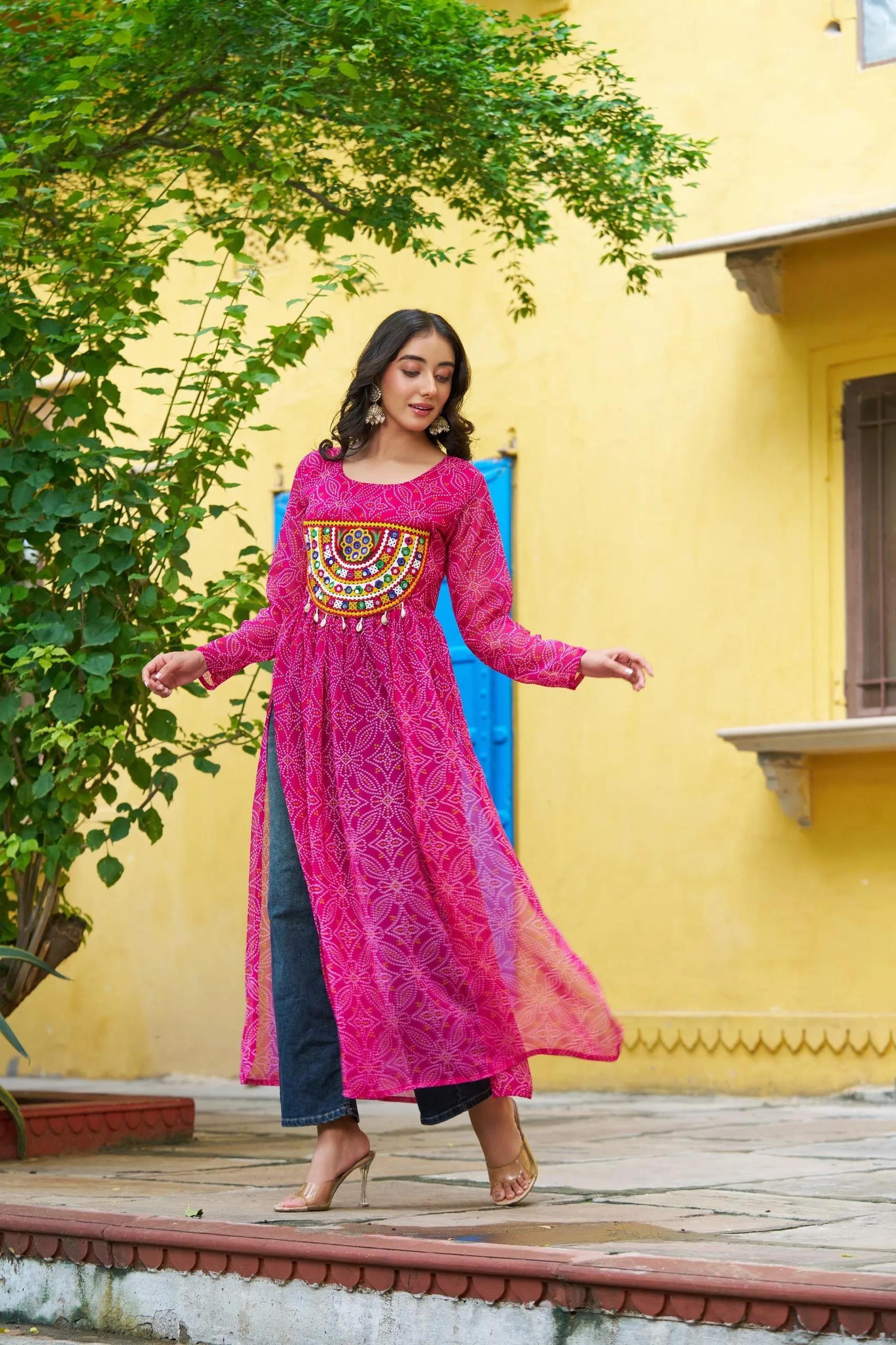 Bandhej Print Kurti with Kutchi Patchwork Navratri Wear - Image 16 in Surat
