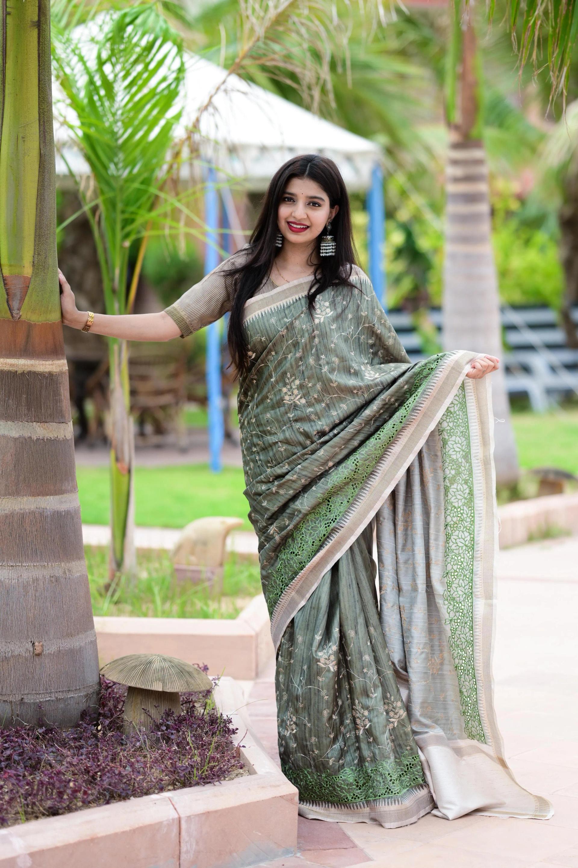 Buy Soft Tusser Cotton Saree with Thread Embroidery Work in Surat | Reseller Bazzar
