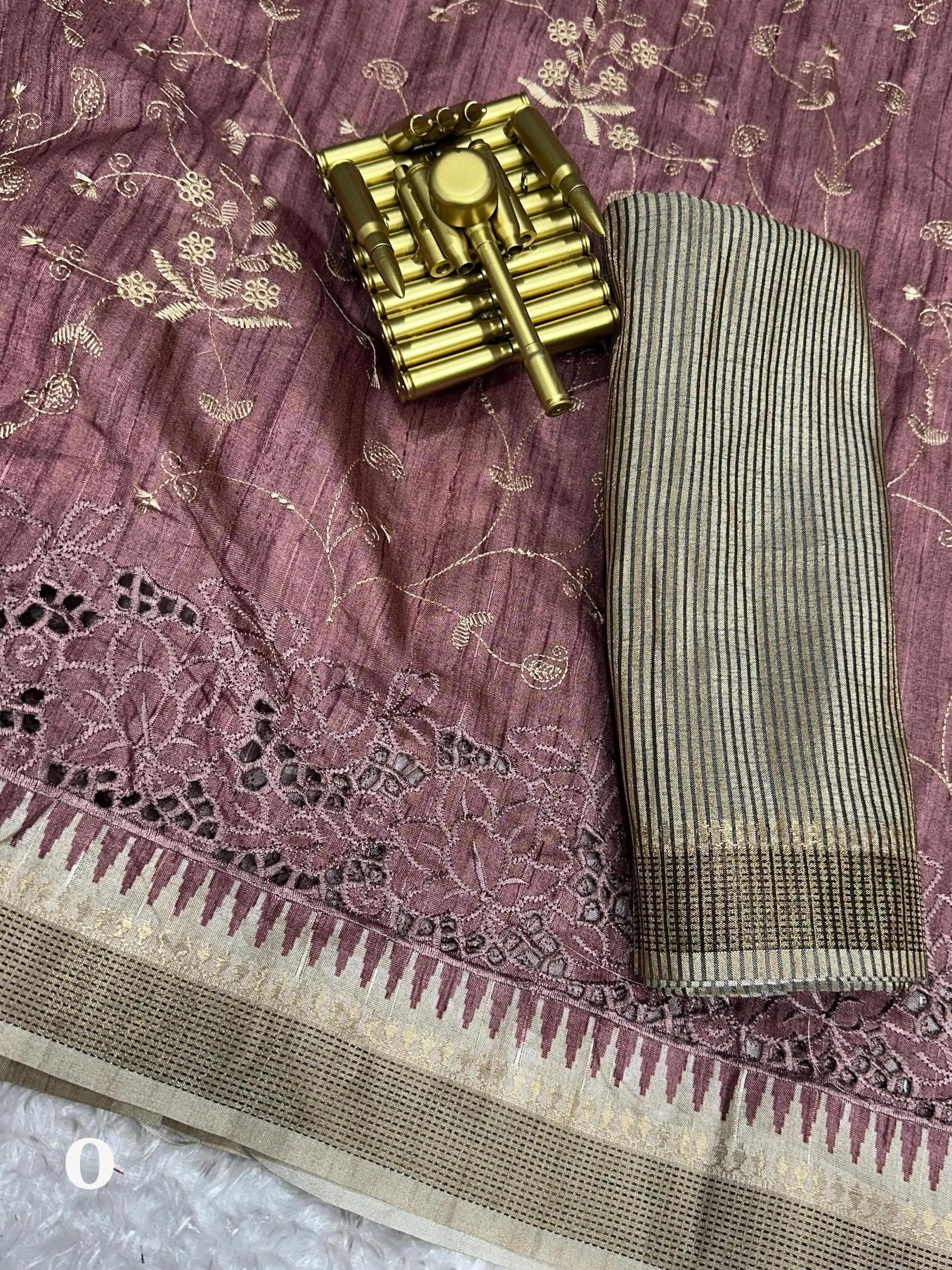 Soft Tusser Cotton Saree with Thread Embroidery Work - Image 22 in Surat