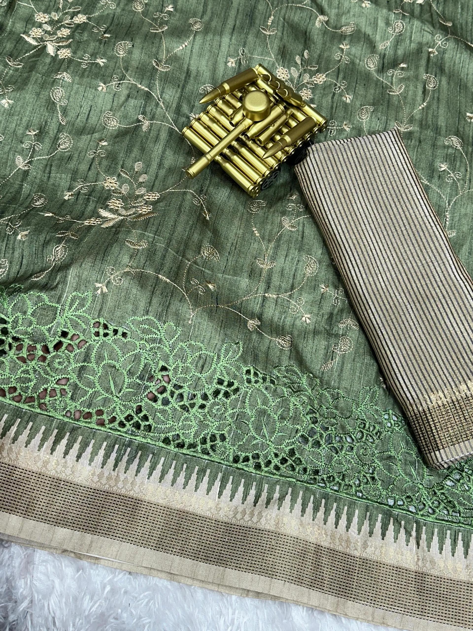 Soft Tusser Cotton Saree with Thread Embroidery Work - Image 24 in Surat