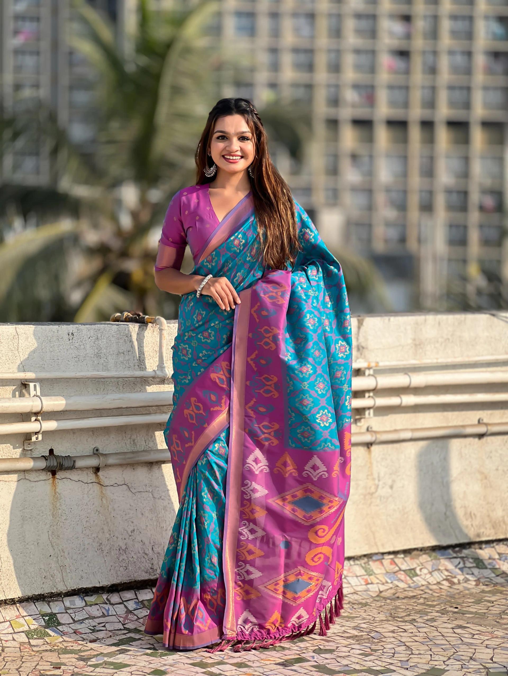 Satrangi Ikkat Patola Silk Saree with Zari Woven Pallu - Image 16 in Surat