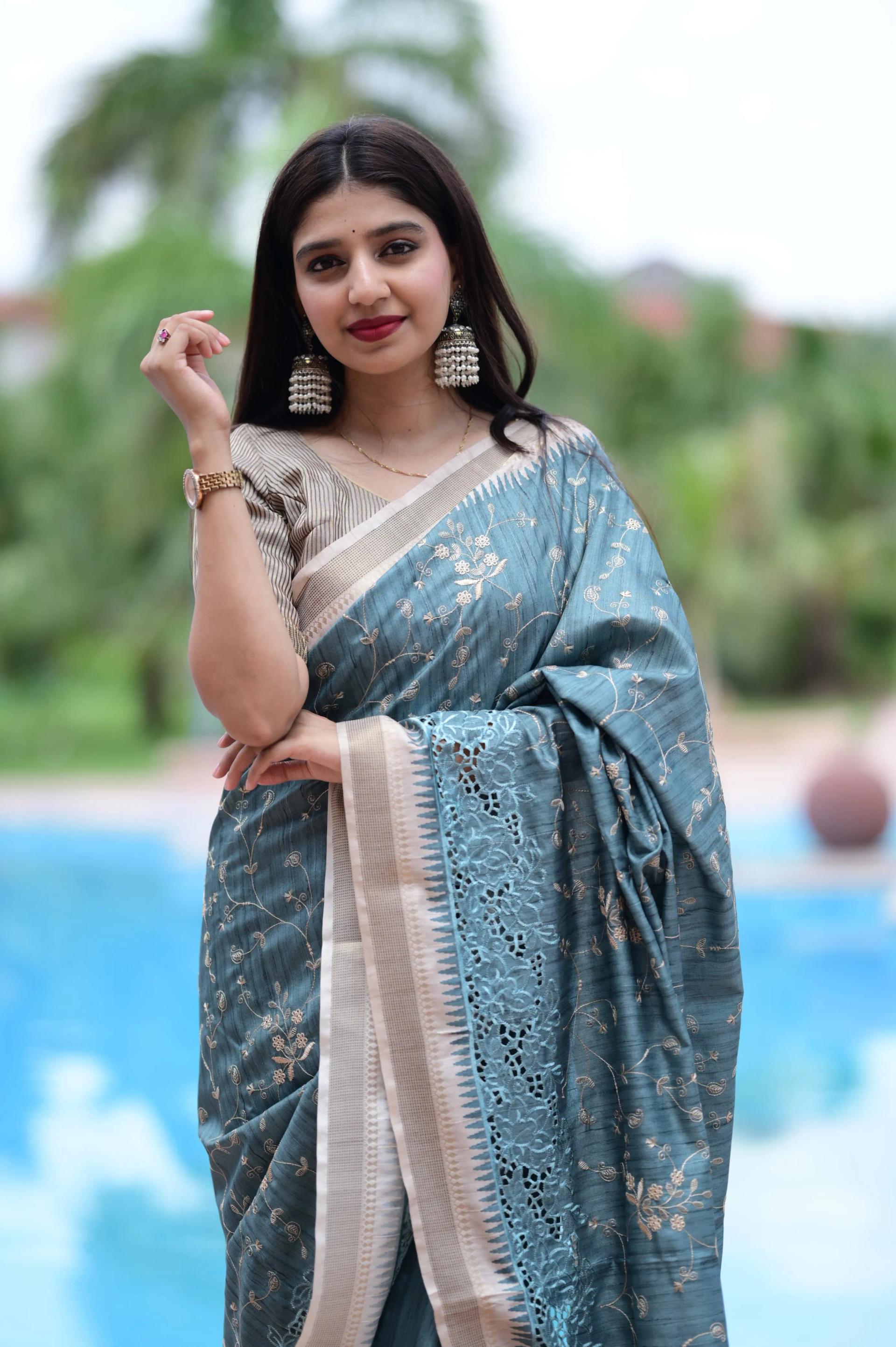 Soft Tusser Cotton Saree with Thread Embroidery Work - Image 12 in Surat