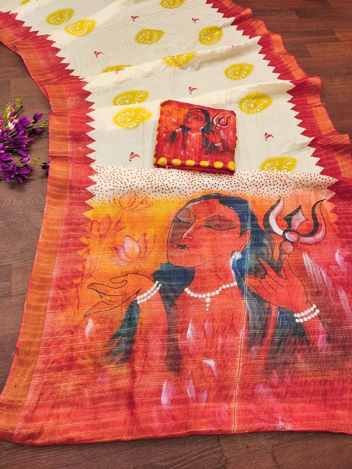 Soft Dola Silk Durga Puja Print Saree with Zari Border - Image 4 in Surat