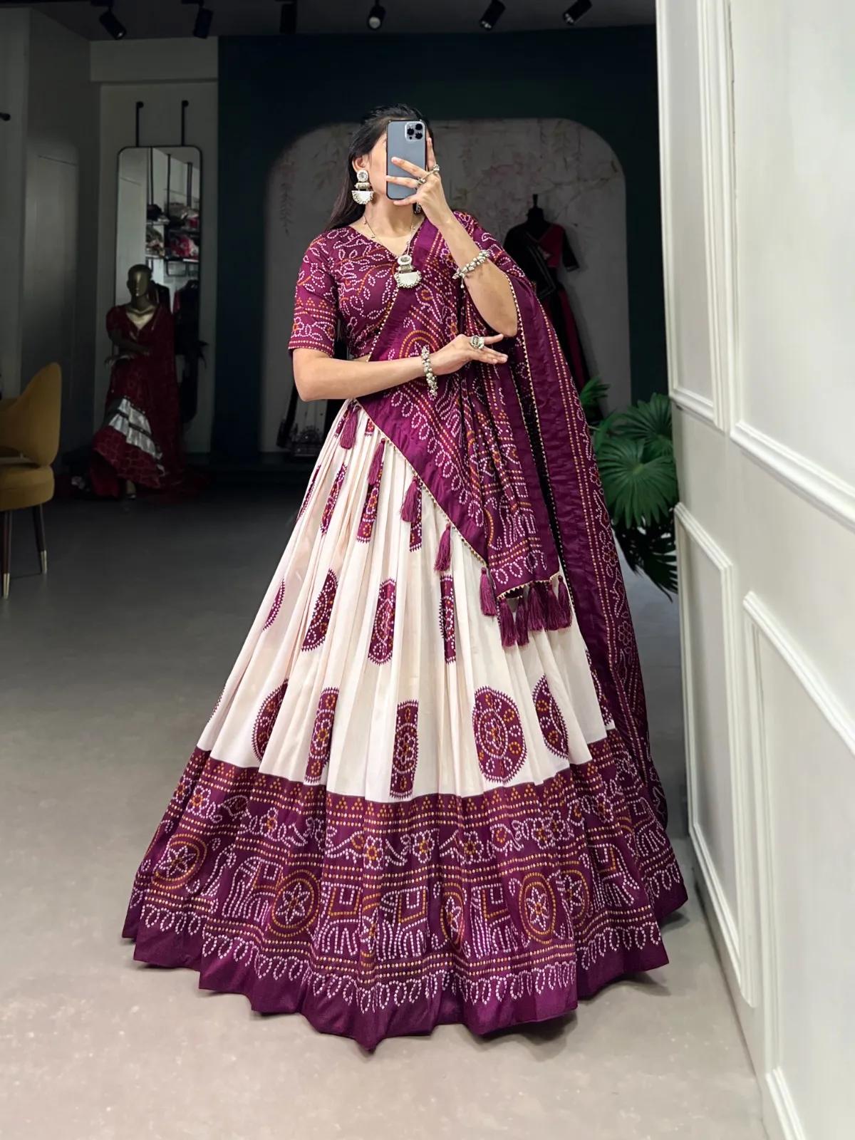 Navratri Tasar Silk Lehenga Choli with Bandhej Print & Tassels - Image 8 in Surat