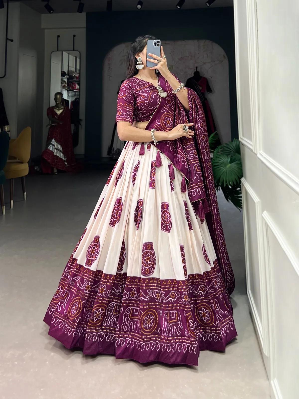 Buy Navratri Tasar Silk Lehenga Choli with Bandhej Print & Tassels in Surat | Reseller Bazzar
