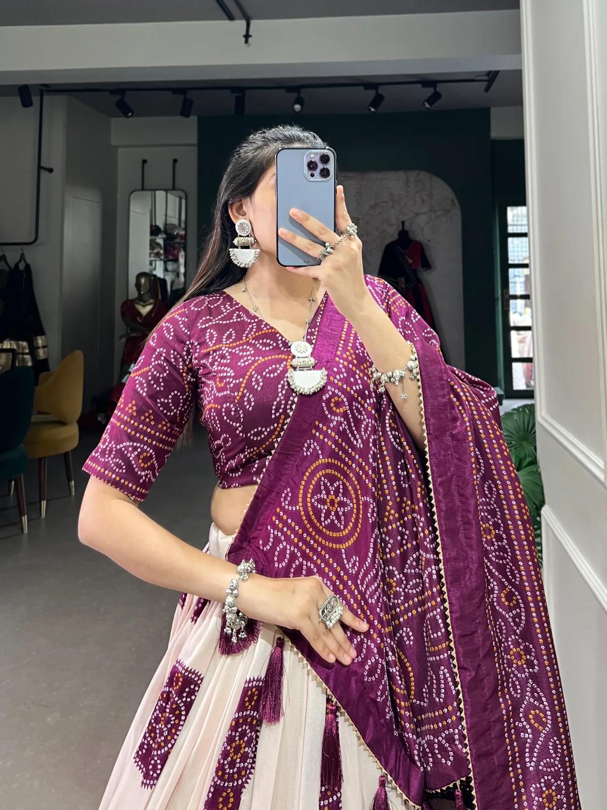 Navratri Tasar Silk Lehenga Choli with Bandhej Print & Tassels - Image 6 in Surat