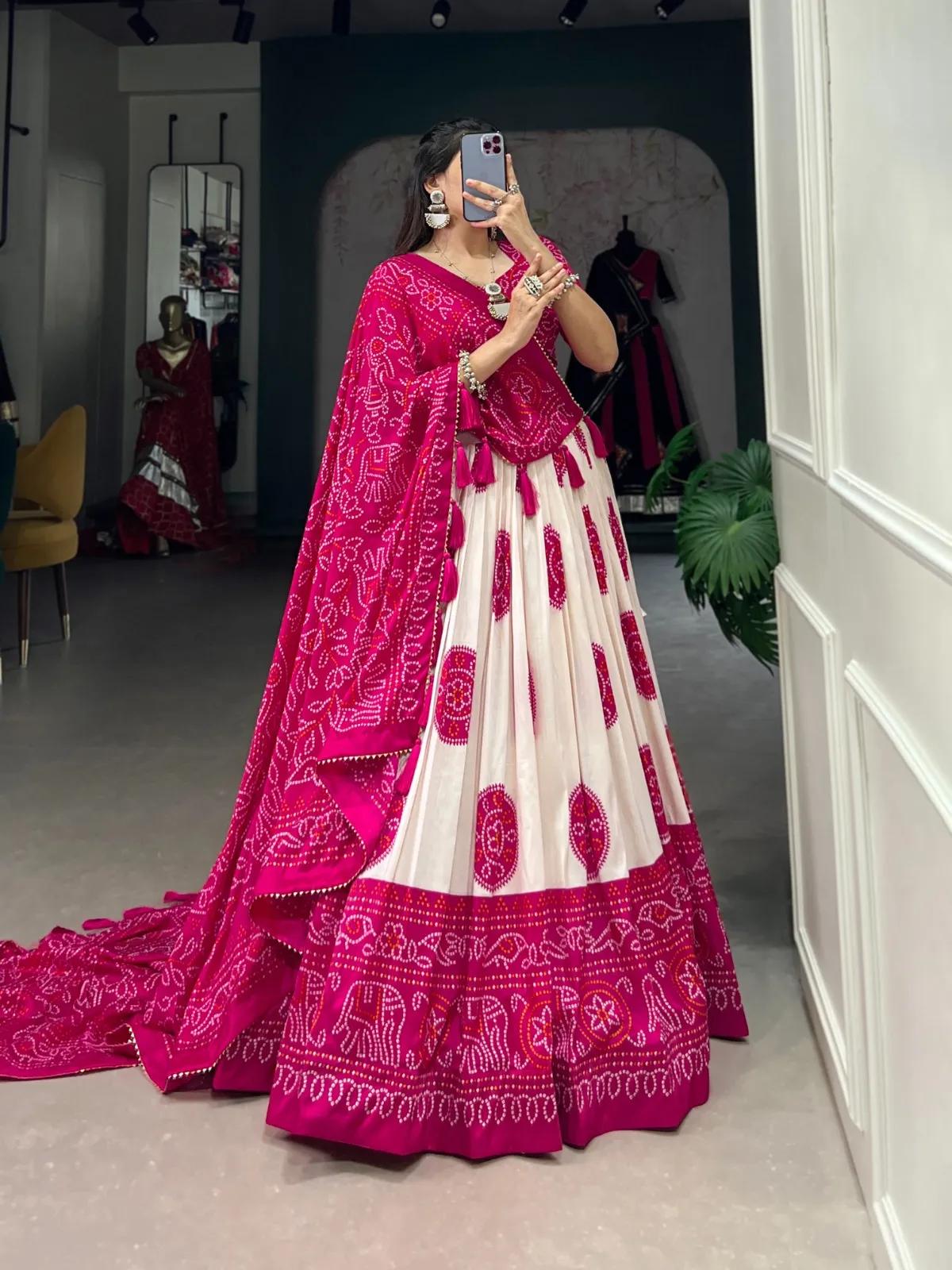 Navratri Tasar Silk Lehenga Choli with Bandhej Print & Tassels - Image 4 in Surat