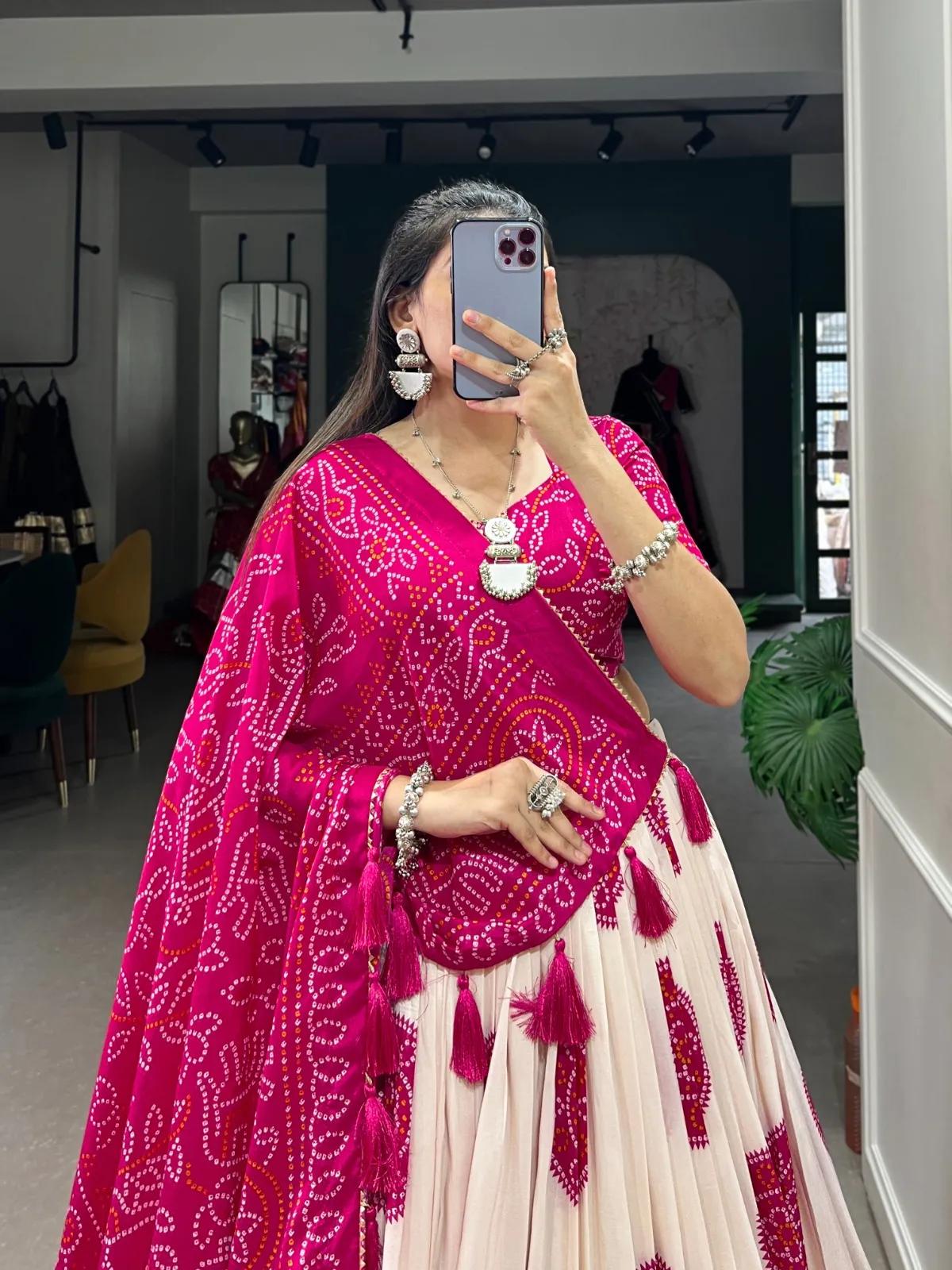 Navratri Tasar Silk Lehenga Choli with Bandhej Print & Tassels - Image 5 in Surat