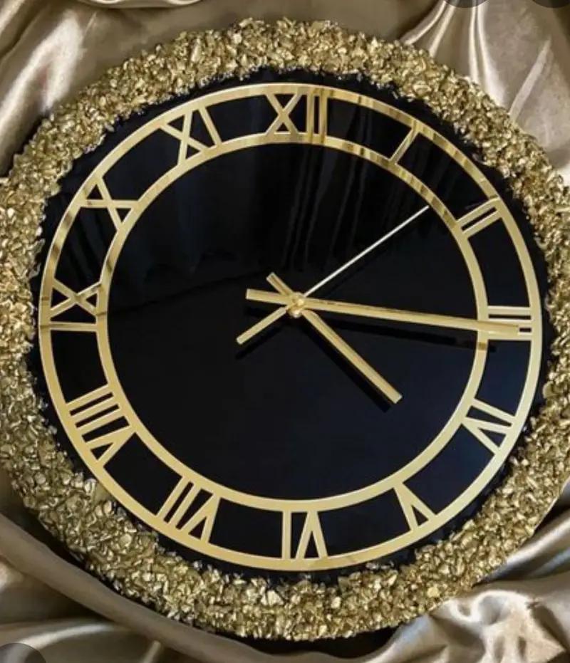 Buy Black Resin Handmade Wall Clock with Golden Stones in Ahmedabad | Reseller Bazzar