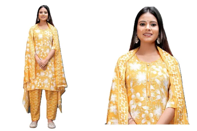 Buy Women's Yellow Floral Print Suit with Dupatta in Thane | Reseller Bazzar