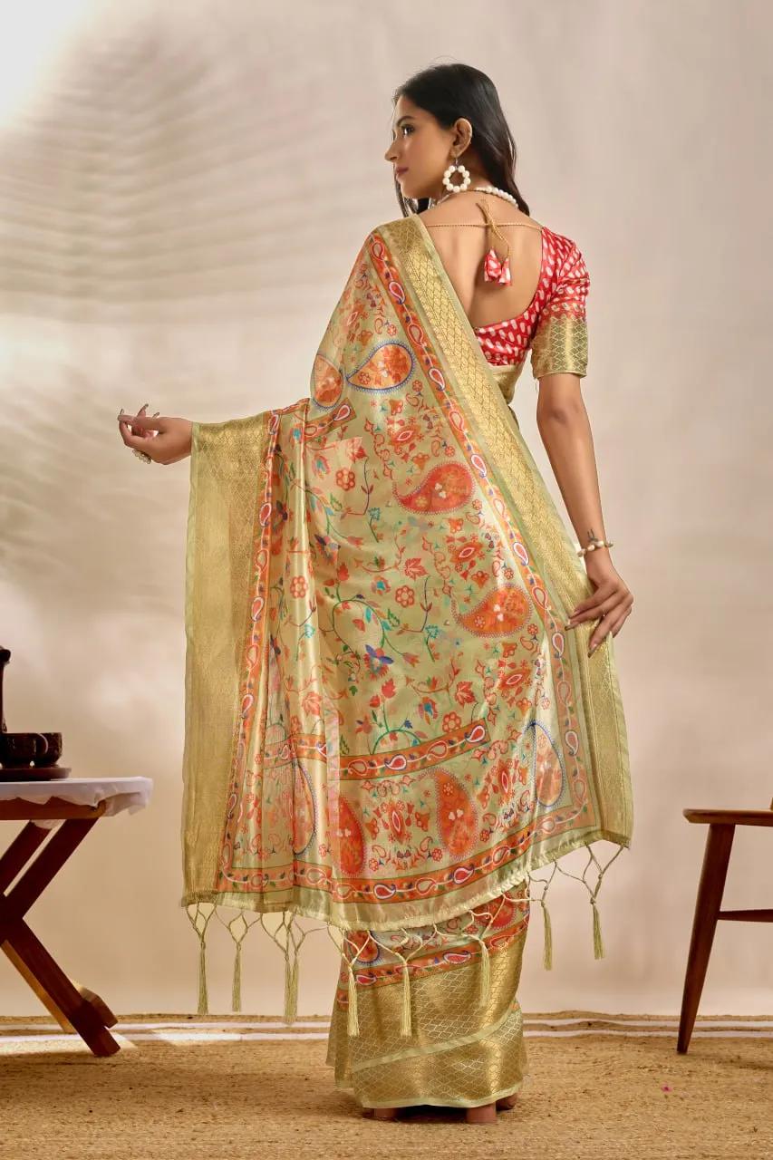Soft Silk Saree with Paisley Floral Print and Zari Border - Image 5 in Surat