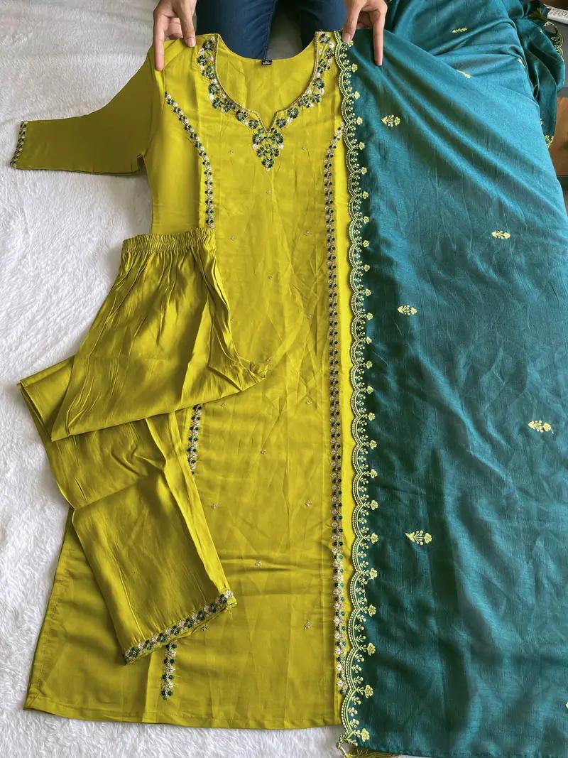 Buy Parrot Colour Silk Kurti Pant Dupatta Set for Women in Surat for 999 - See photos and details