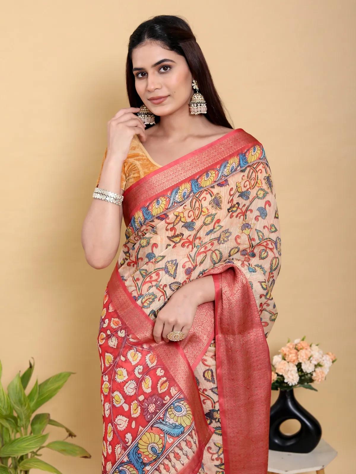 Buy Kalamkari print Linen Cotton saree in Kolkata for 1699 - See photos and details