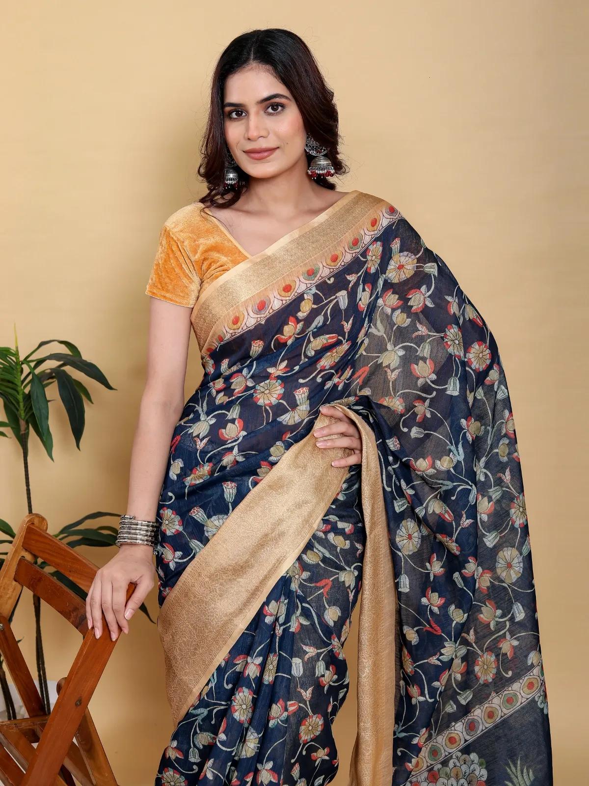 Buy Elegant Navy blue floral print saree in Kolkata for 1499 - See photos and details