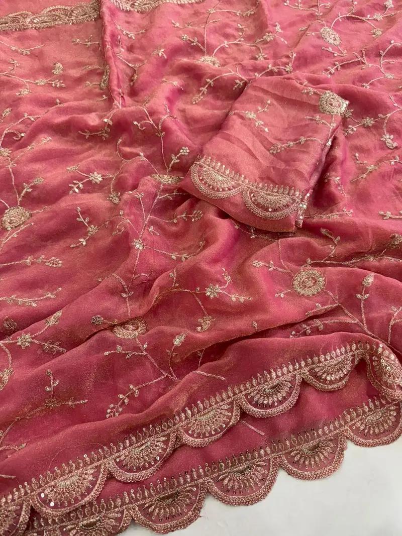 Moss Chiffon Saree with Multi Sequence Embroidery and Blouse - Image 4 in Hyderabad
