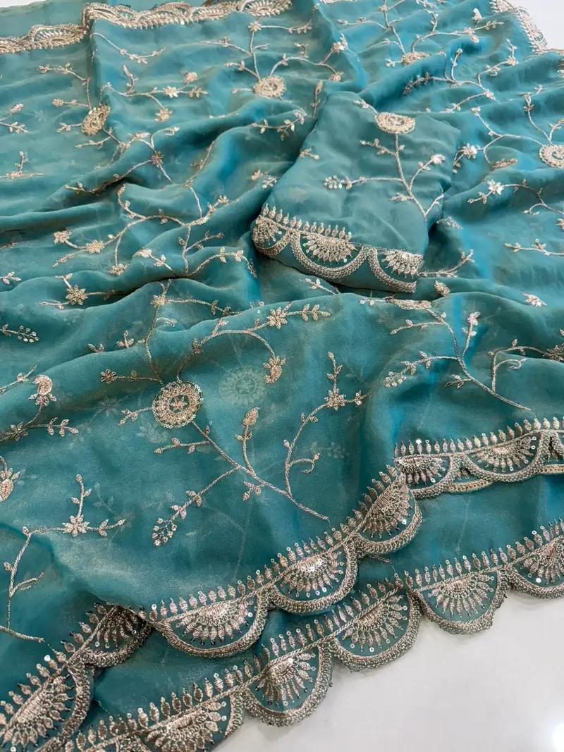 Moss Chiffon Saree with Multi Sequence Embroidery and Blouse - Image 7 in Hyderabad