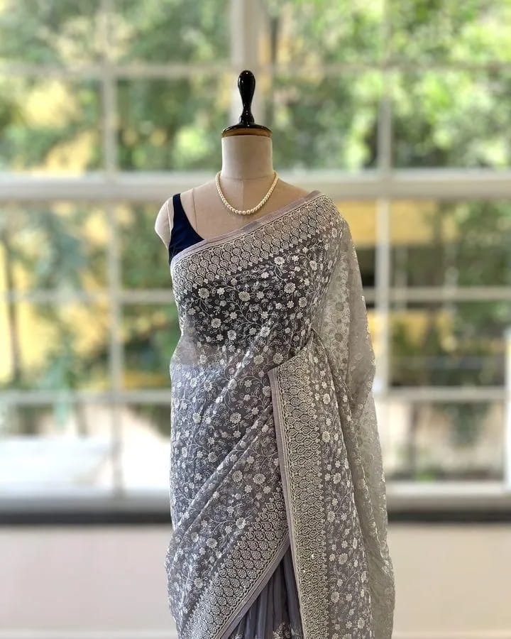 Buy Silk Fabric Chikankari Work With Silk Saree in Surat - Reseller Bazzar