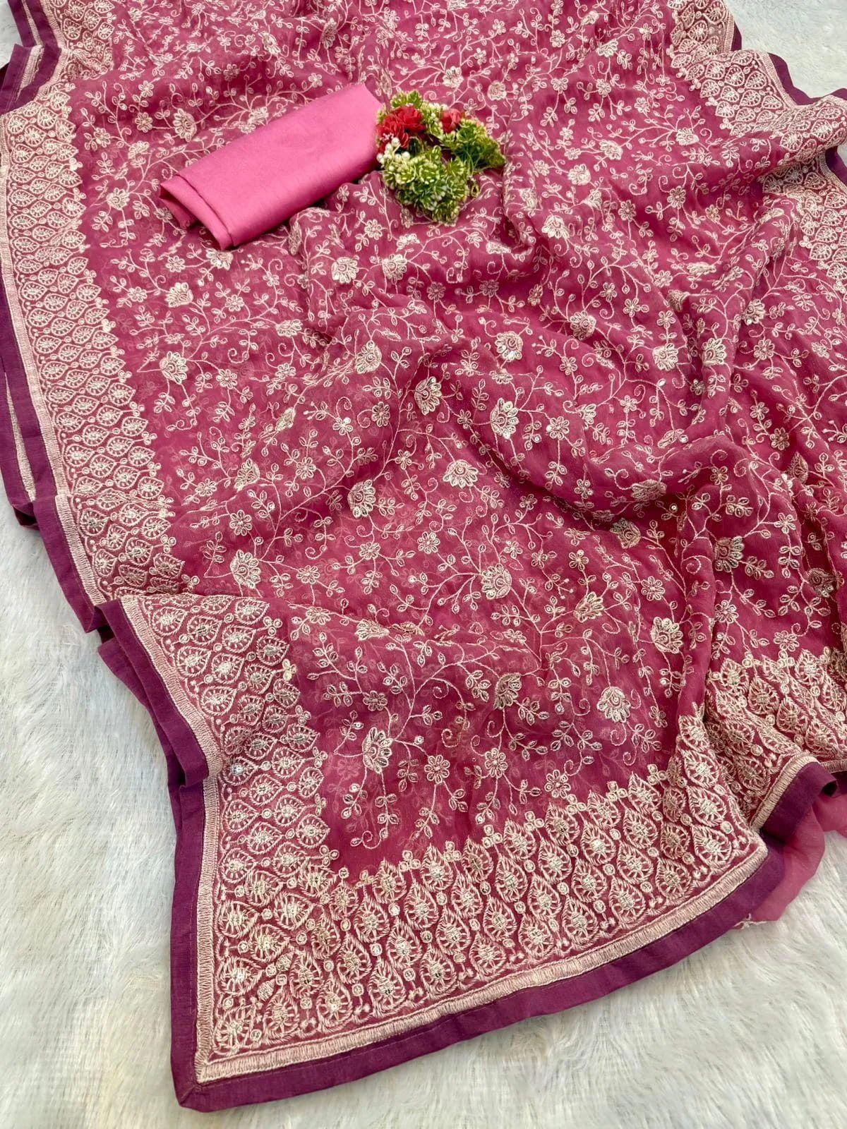 Buy Silk Fabric Chikankari Work With Silk Saree in Surat - Reseller Bazzar
