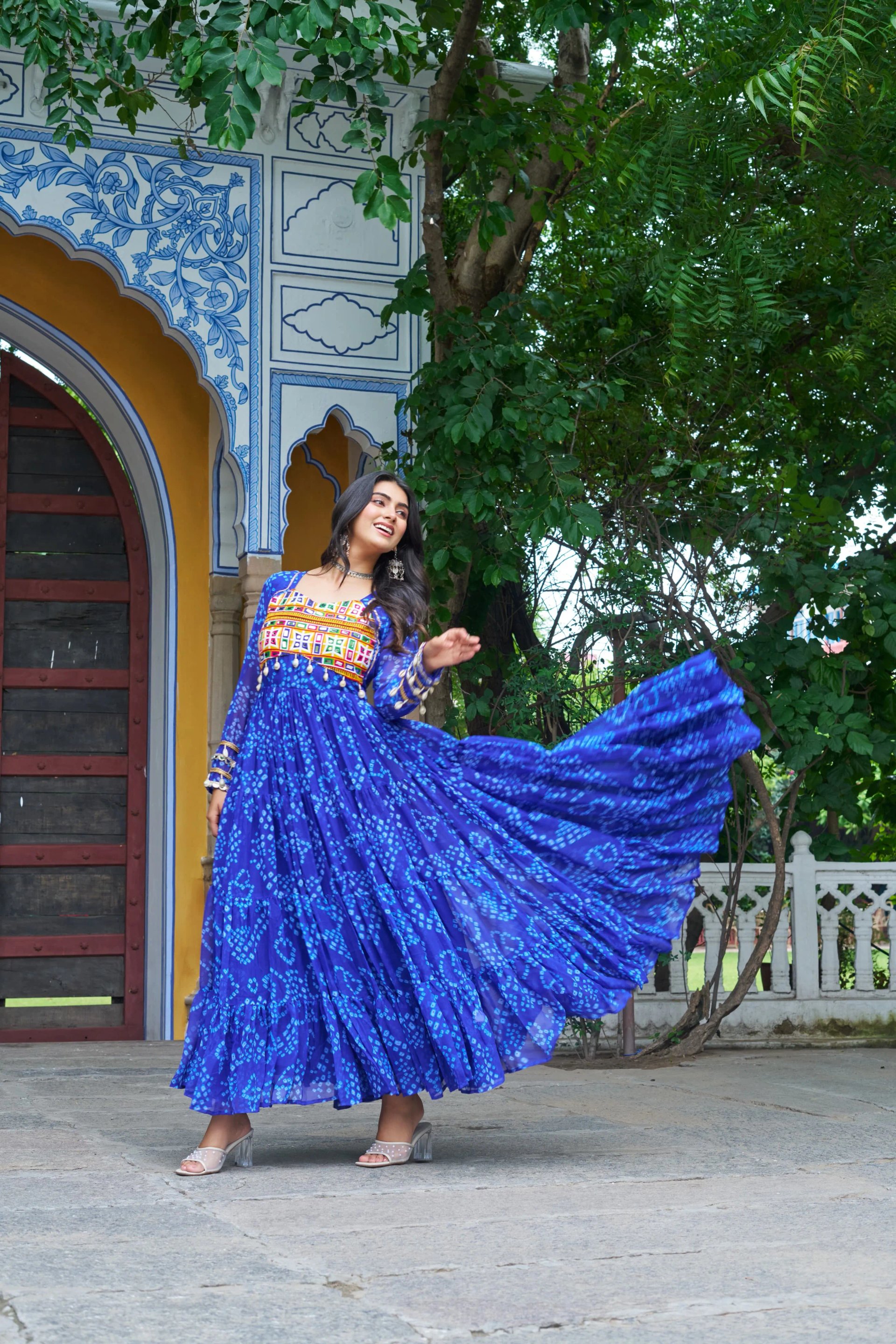 Bandhani Print Faux Georgette Navratri Gown with Kutchi Work in Surat