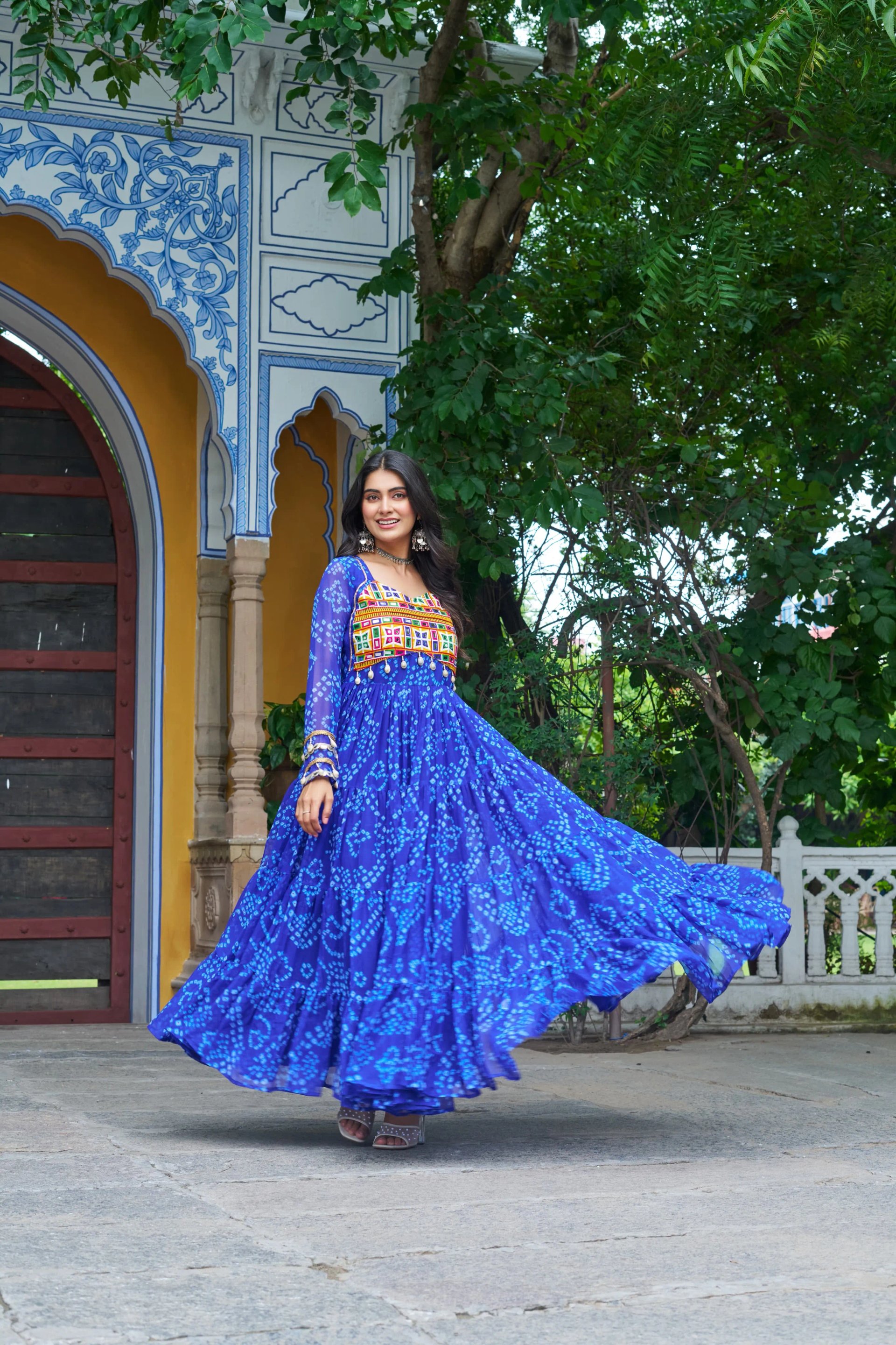 Bandhani Print Faux Georgette Navratri Gown with Kutchi Work in Surat