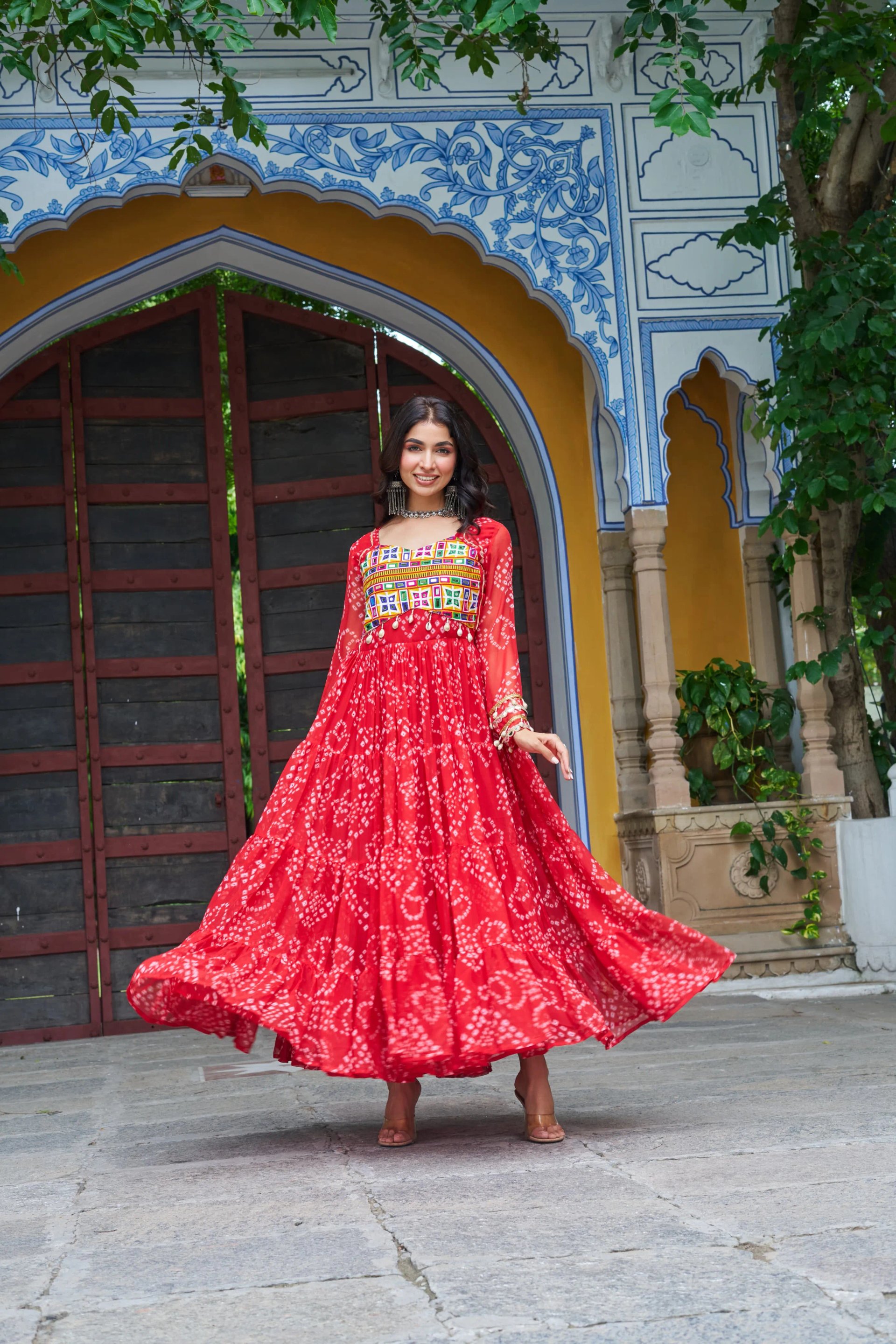 Bandhani Print Faux Georgette Navratri Gown with Kutchi Work in Surat