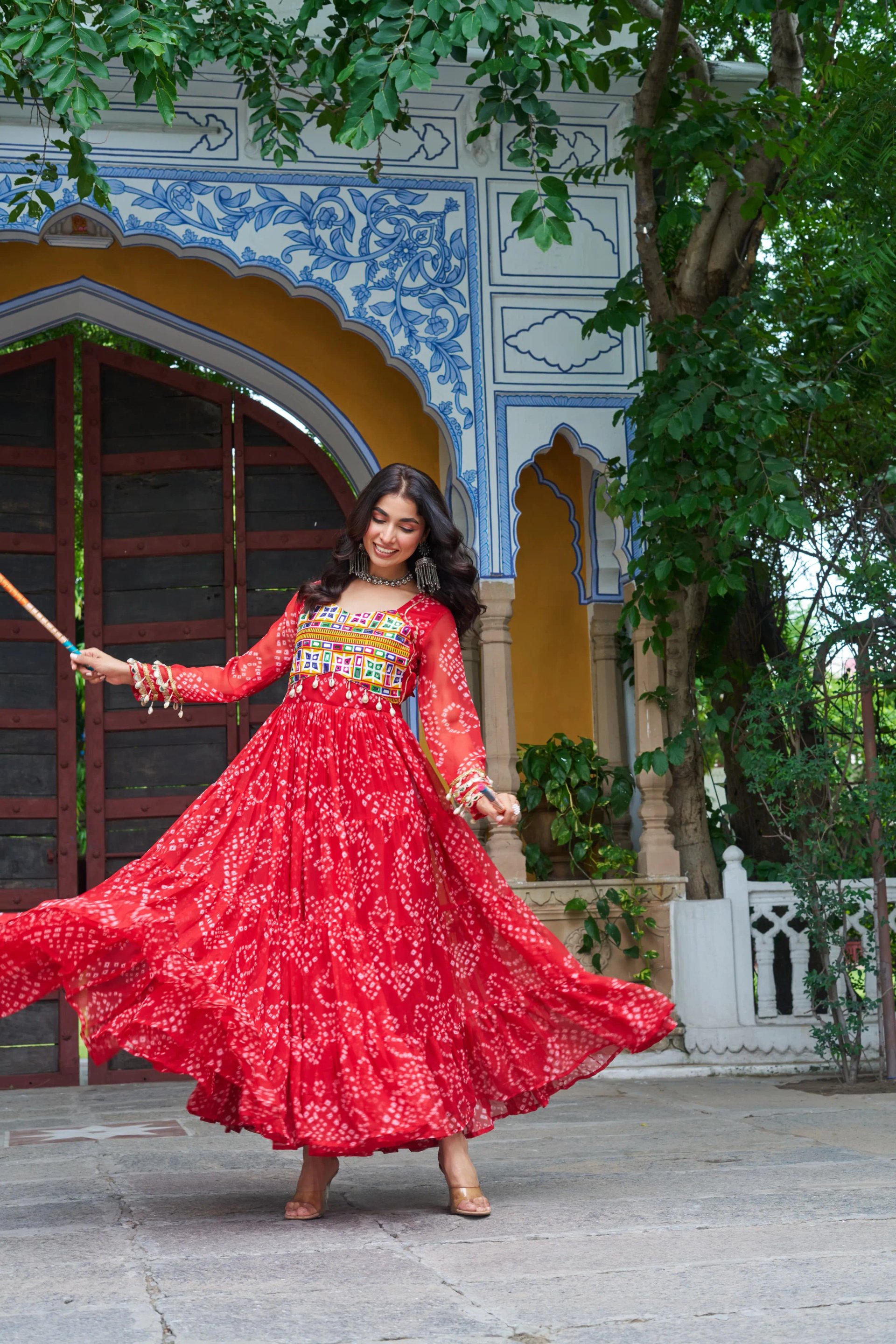 Bandhani Print Faux Georgette Navratri Gown with Kutchi Work in Surat