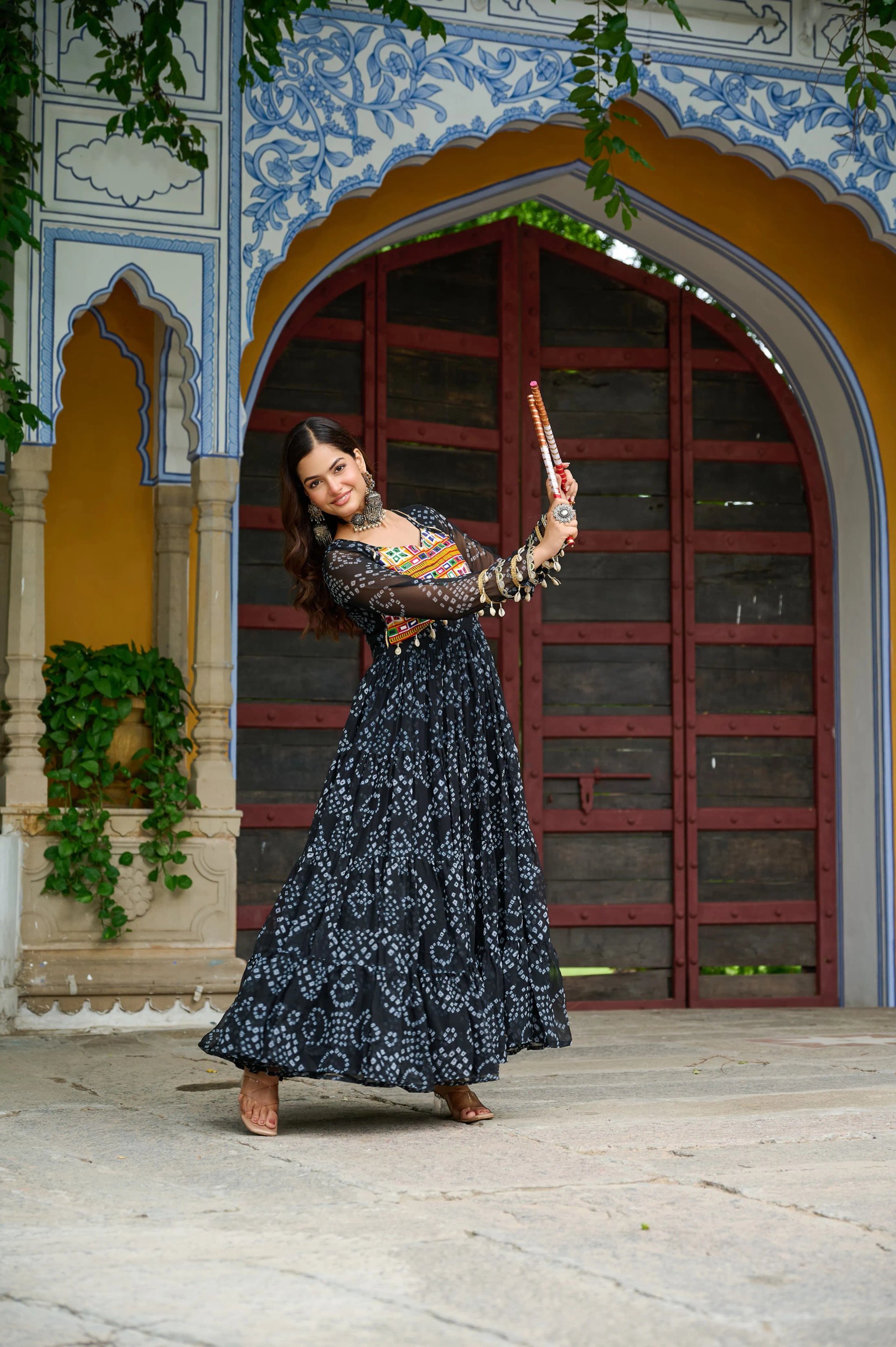 Bandhani Print Faux Georgette Navratri Gown with Kutchi Work in Surat