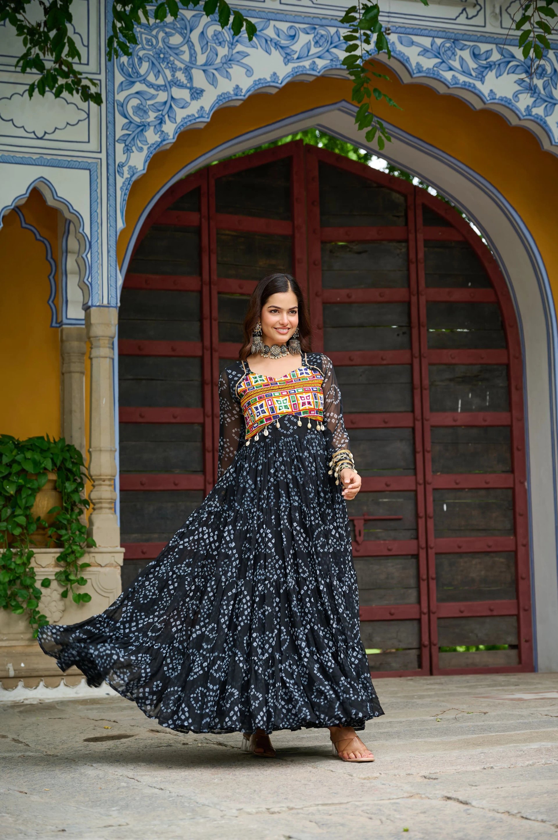 Bandhani Print Faux Georgette Navratri Gown with Kutchi Work in Surat