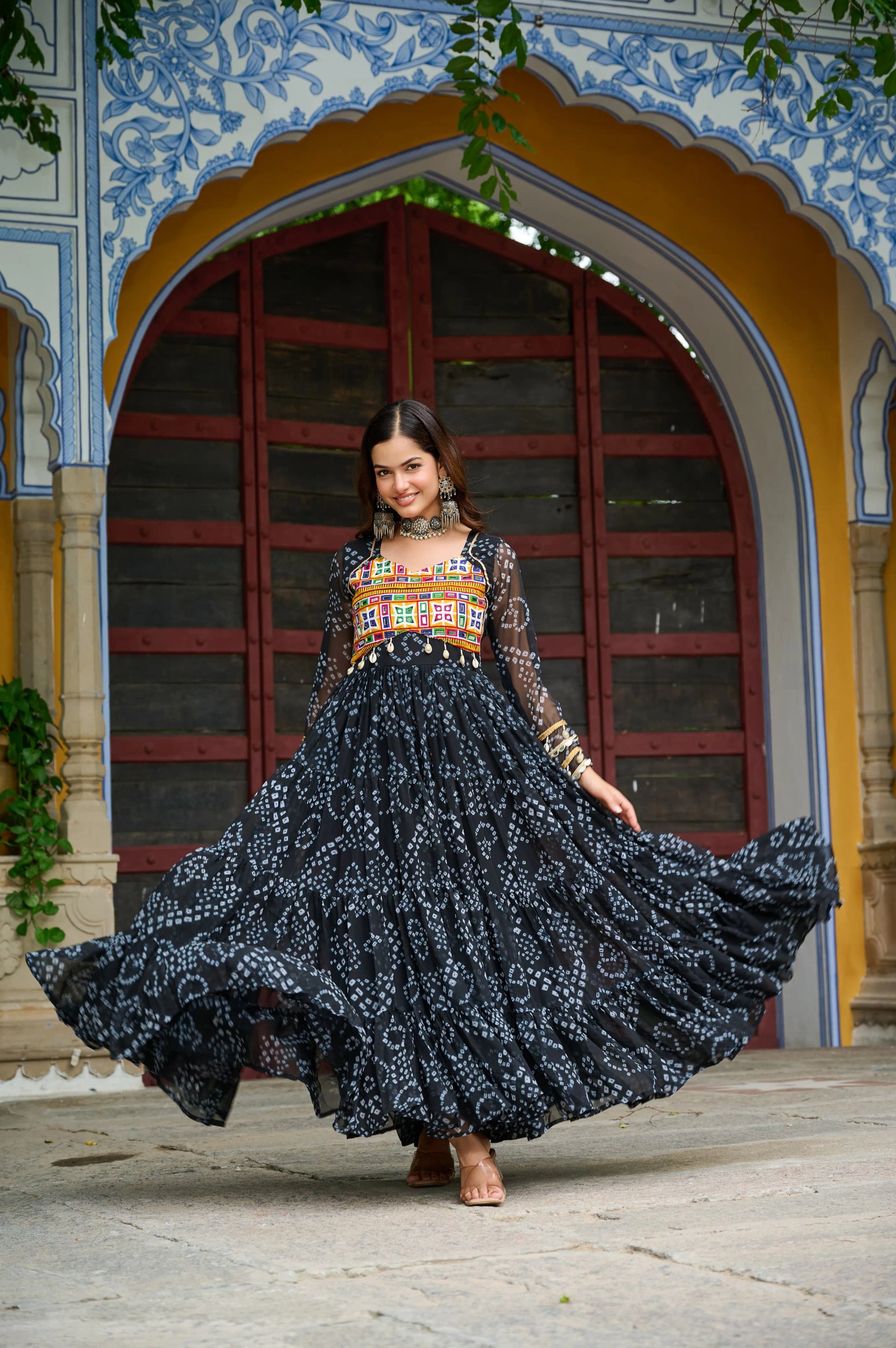 Bandhani Print Faux Georgette Navratri Gown with Kutchi Work in Surat