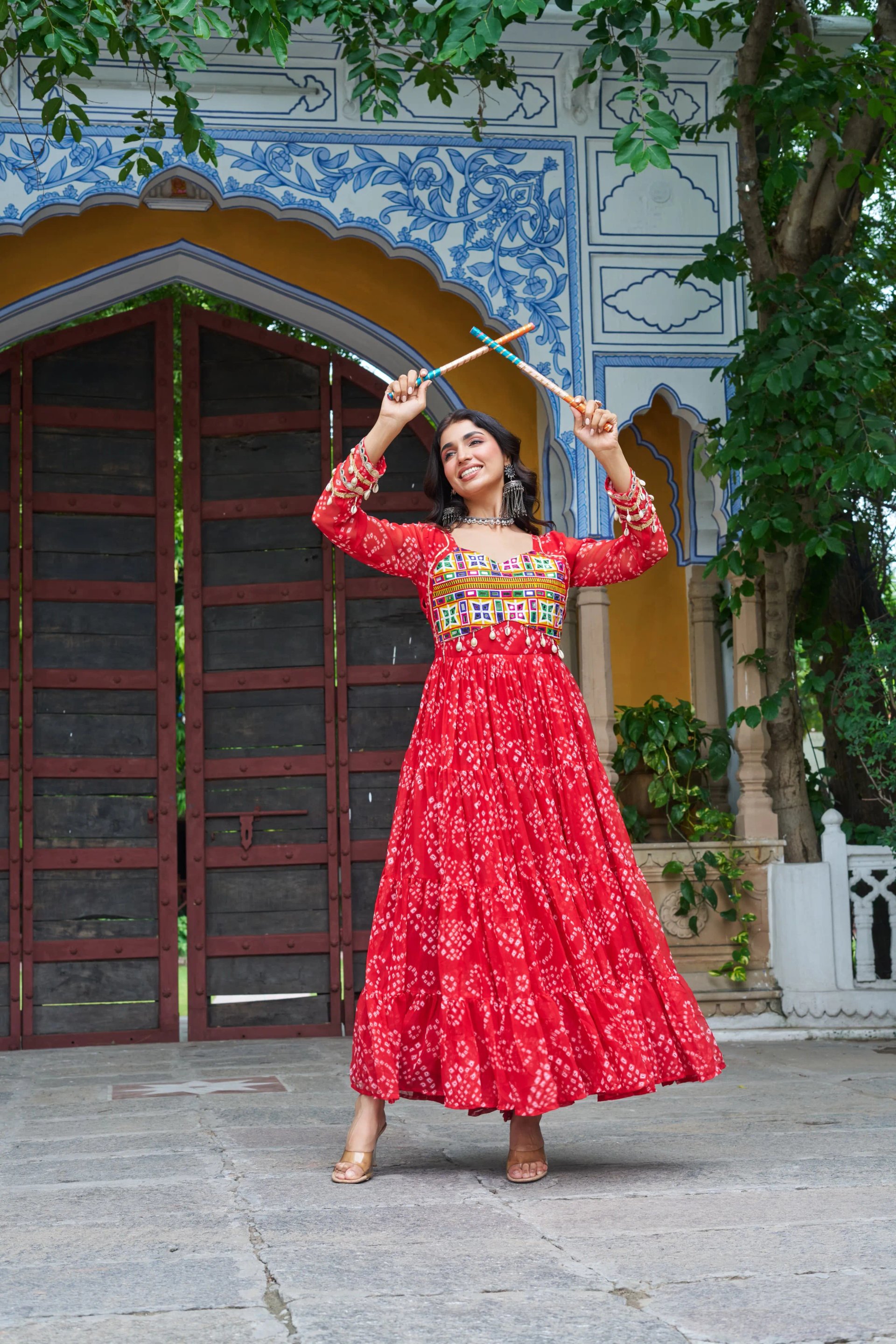 Bandhani Print Faux Georgette Navratri Gown with Kutchi Work in Surat