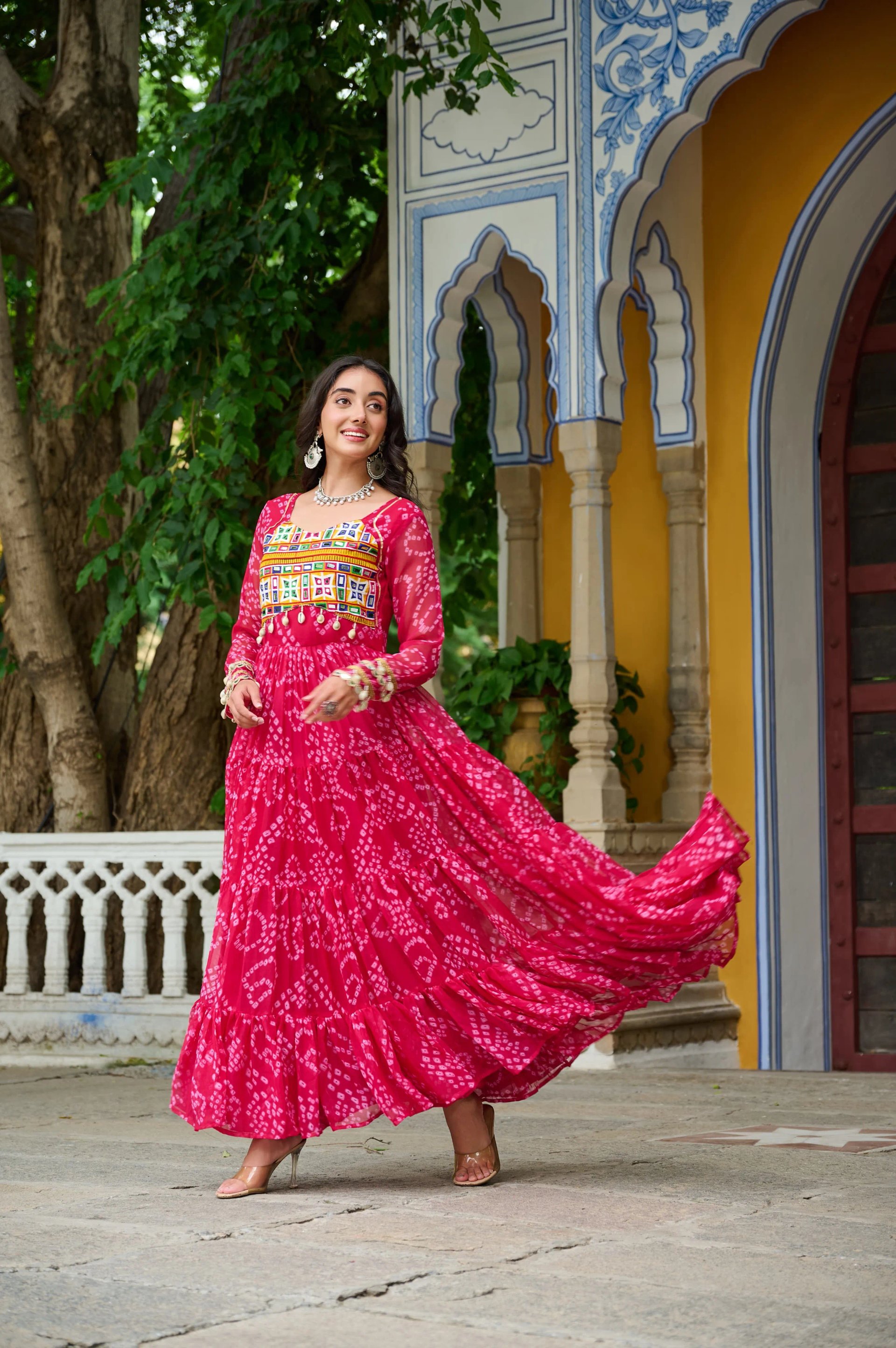 Bandhani Print Faux Georgette Navratri Gown with Kutchi Work in Surat